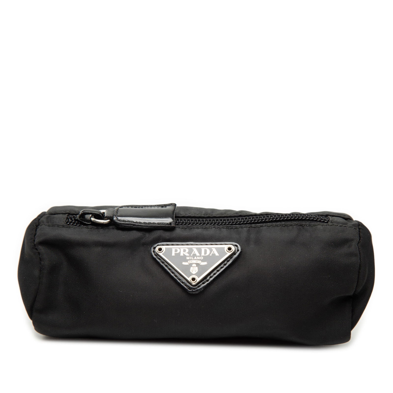 Black Nylon Tessuto Pouch by Prada with Zip Closure: Black Nylon Tessuto Pouch by Prada with Zip Closure This Prada Tessuto Pouch features a black nylon body with a top zip closure. The pouch shows signs of wear, including stains on the exterior front a