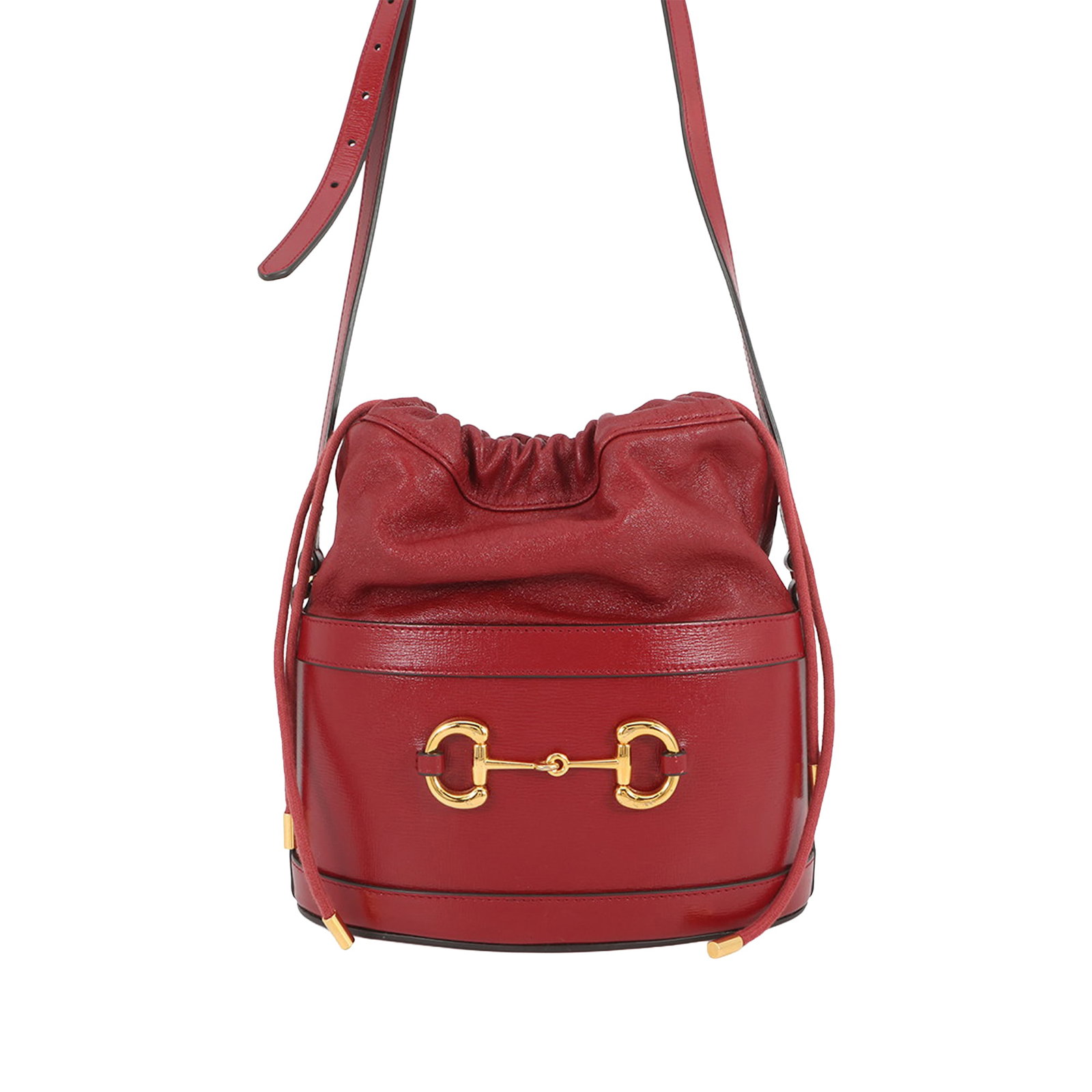 Gucci Horsebit 1955 Calfskin Bucket Bag Red Leather: Gucci Horsebit 1955 Calfskin Bucket Bag Red Leather This is a Gucci Calfskin Horsebit 1955 Bucket Bag made in Italy. It features a leather body with horsebit detail, an adjustable flat leather strap, 