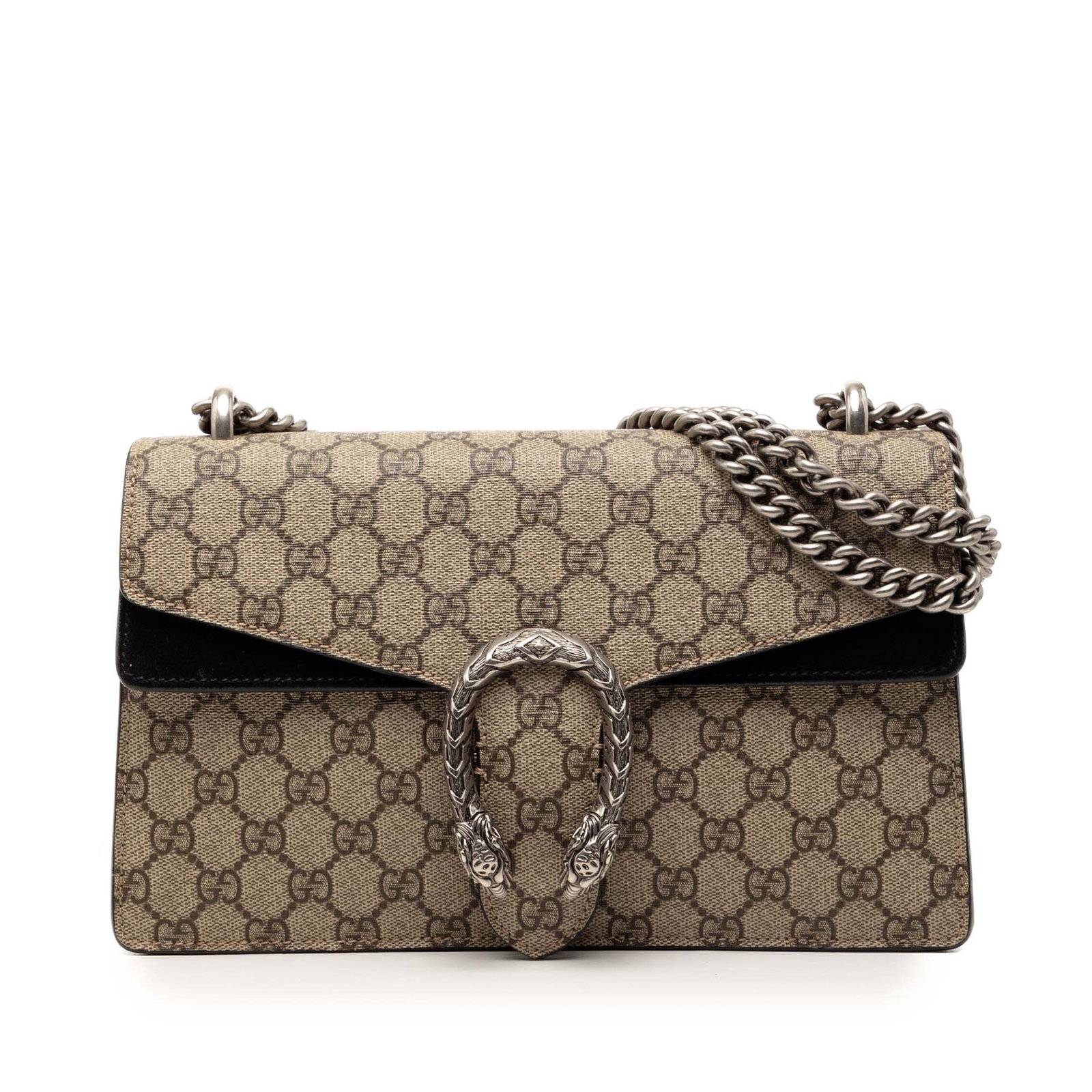 Gucci Dionysus Medium GG Supreme Shoulder Bag with Chain Strap: Gucci Dionysus Medium GG Supreme Shoulder Bag with Chain Strap This Gucci Medium GG Supreme Dionysus Shoulder Bag features a coated canvas body with suede leather trim. It is designed with a chain-lin