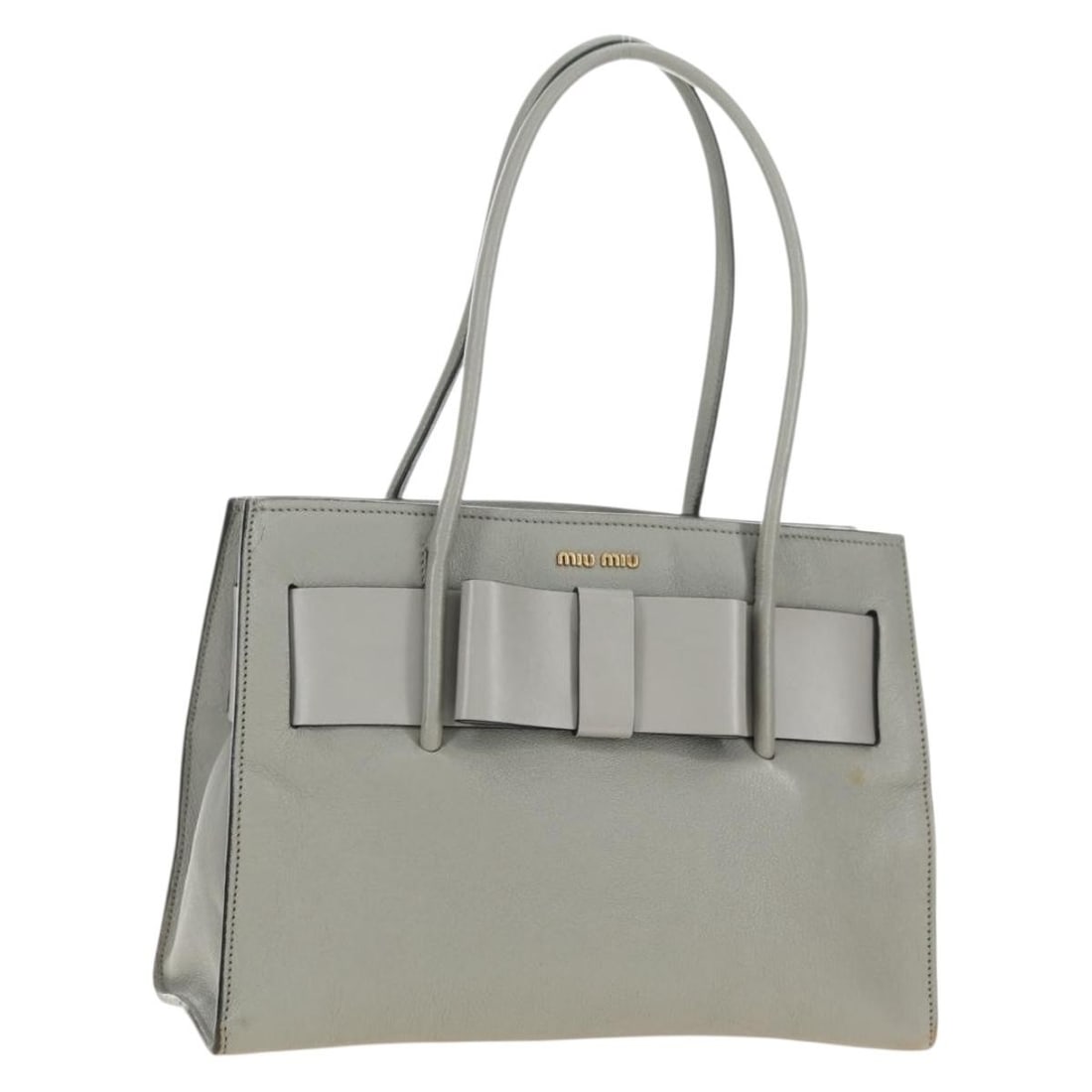 Miu Miu Gray Leather Handbag with Dust Bag Gold Tone: Miu Miu Gray Leather Handbag with Dust Bag Gold Tone Miu Miu leather hand bag in gray with gold-tone details. It comes with a dust bag and was made in Italy. The bag measures approximately 33 cm wide,