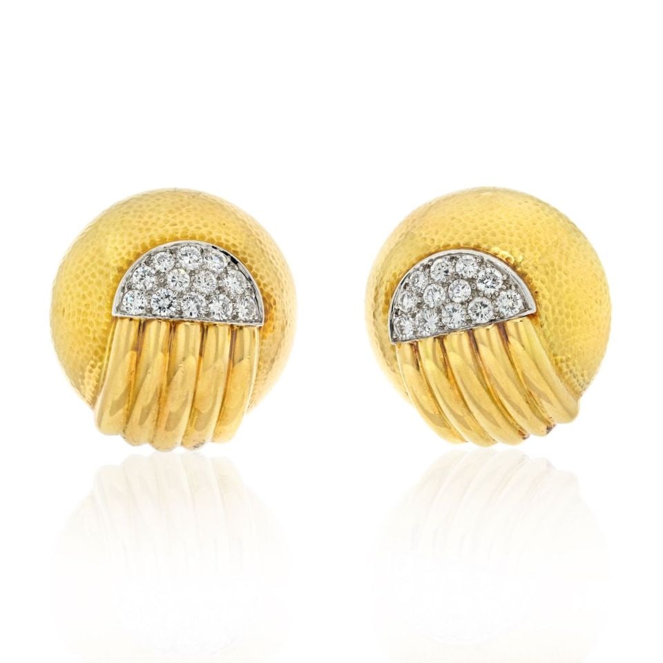 David Webb 18K Yellow Gold Platinum Diamond Dome Clip On Earrings: David Webb 18K Yellow Gold Platinum Diamond Dome Clip On Earrings Elevate your jewelry collection with these stunning David Webb Diamond Dome Round Clip On Earrings. Crafted from a luxurious combinati