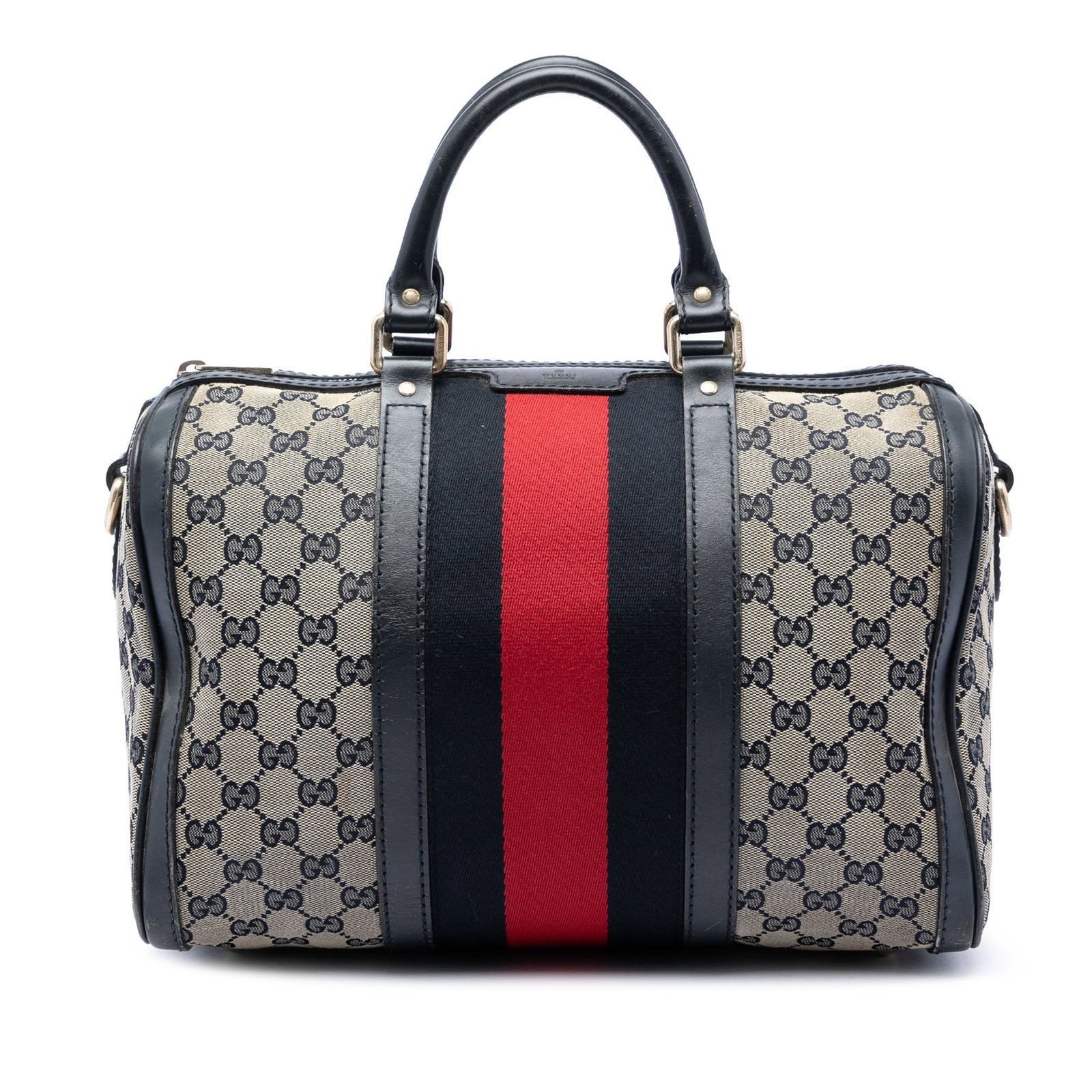 Gucci Joy Boston Satchel in GG Canvas with Web Stripe: Gucci Joy Boston Satchel in GG Canvas with Web Stripe Gucci Medium GG Canvas Web Joy Boston Bag in beige with a canvas body, leather trim, and web detail. This satchel features rolled leather handles,