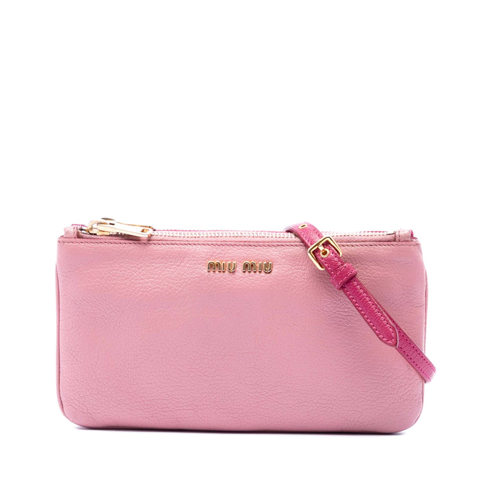 Miu Miu Madras Double Zip Leather Crossbody Bag Pink: Miu Miu Madras Double Zip Leather Crossbody Bag Pink Miu Miu bicolor goatskin Madras double zip crossbody bag in pink, featuring a leather body, flat leather strap, and top double zip closures. Made i