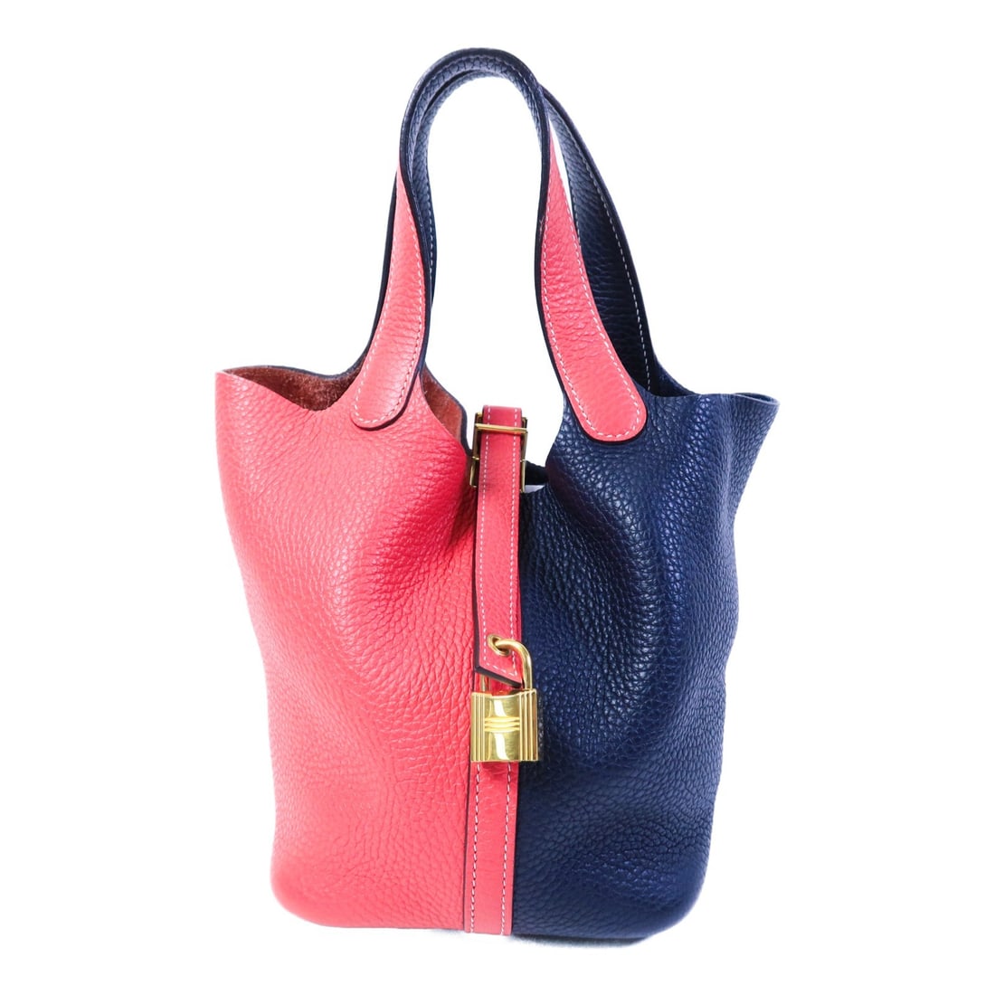 Hermes Picotin PM Clemence Leather Tote Rose Extreme Bleu Nuit GHW: Hermes Picotin PM Clemence Leather Tote Rose Extreme Bleu Nuit GHW Hermes Picotin PM tote bag in Taurillon Clemence and calfskin (cowhide), presented in Rose Extreme and Bleu Nuit. Made in France, thi