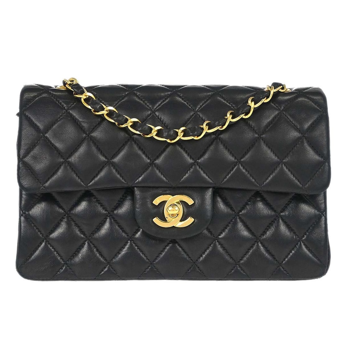 CHANEL Classic Double Flap Small Shoulder Bag Black Lambskin: CHANEL Classic Double Flap Small Shoulder Bag Black Lambskin Chanel Small Classic Double Flap shoulder bag in black lambskin with the signature matelasse pattern and flap turnlock closure. This women'