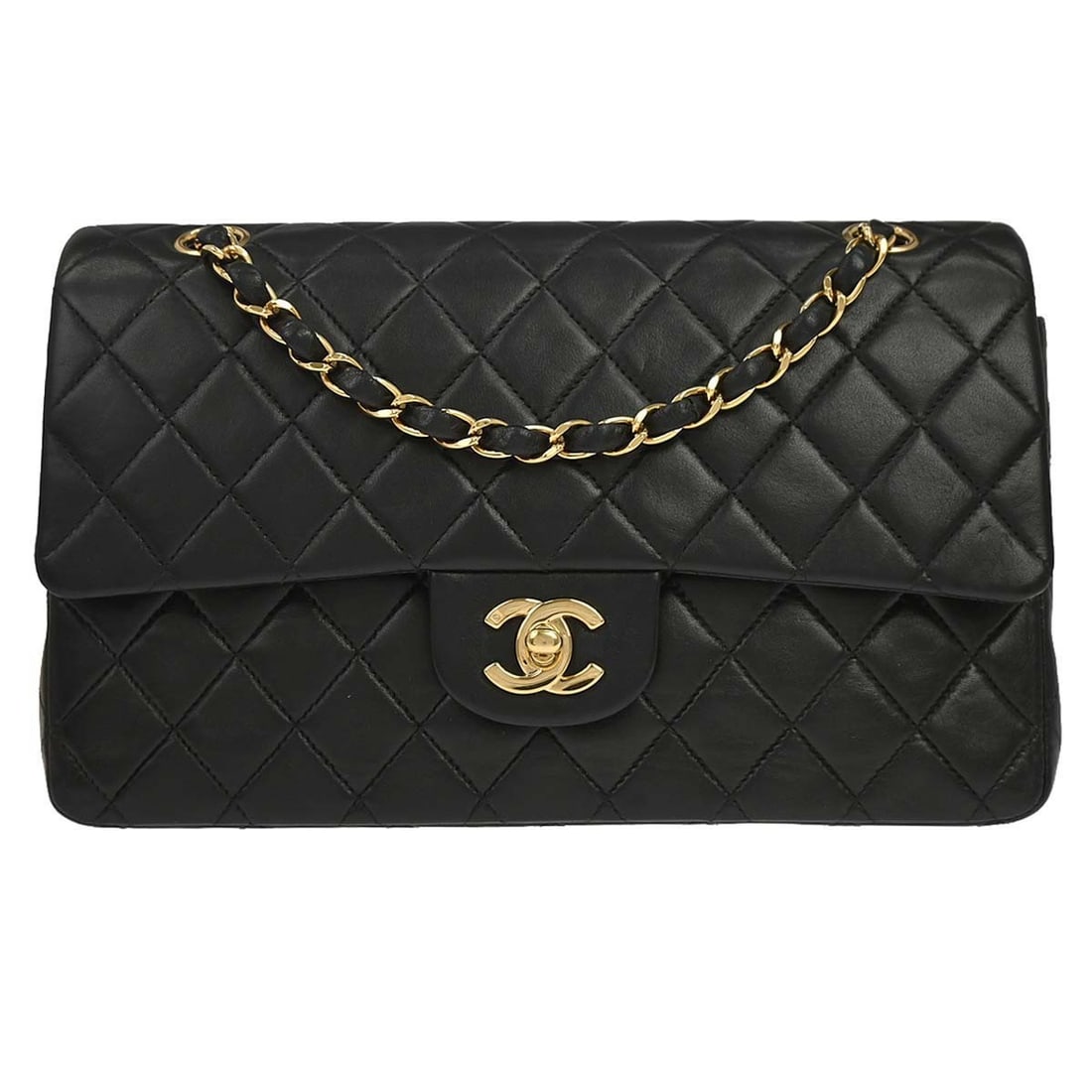 CHANEL Classic Double Flap Medium Shoulder Bag Black Lambskin: CHANEL Classic Double Flap Medium Shoulder Bag Black Lambskin Chanel Medium Classic Double Flap Shoulder Bag in black lambskin leather, featuring a turn lock closure and shoulder strap style. The bag 