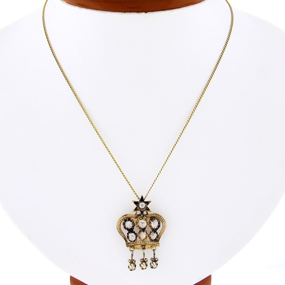 Antique Victorian 14K Gold 0.78ct Diamond Crown Star Dangle Pendant Necklace: Antique Victorian 14K Gold 0.78ct Diamond Crown Star Dangle Pendant Necklace This exquisite Antique Victorian pendant necklace is crafted from solid 14K rosy yellow gold and showcases a stunning open 