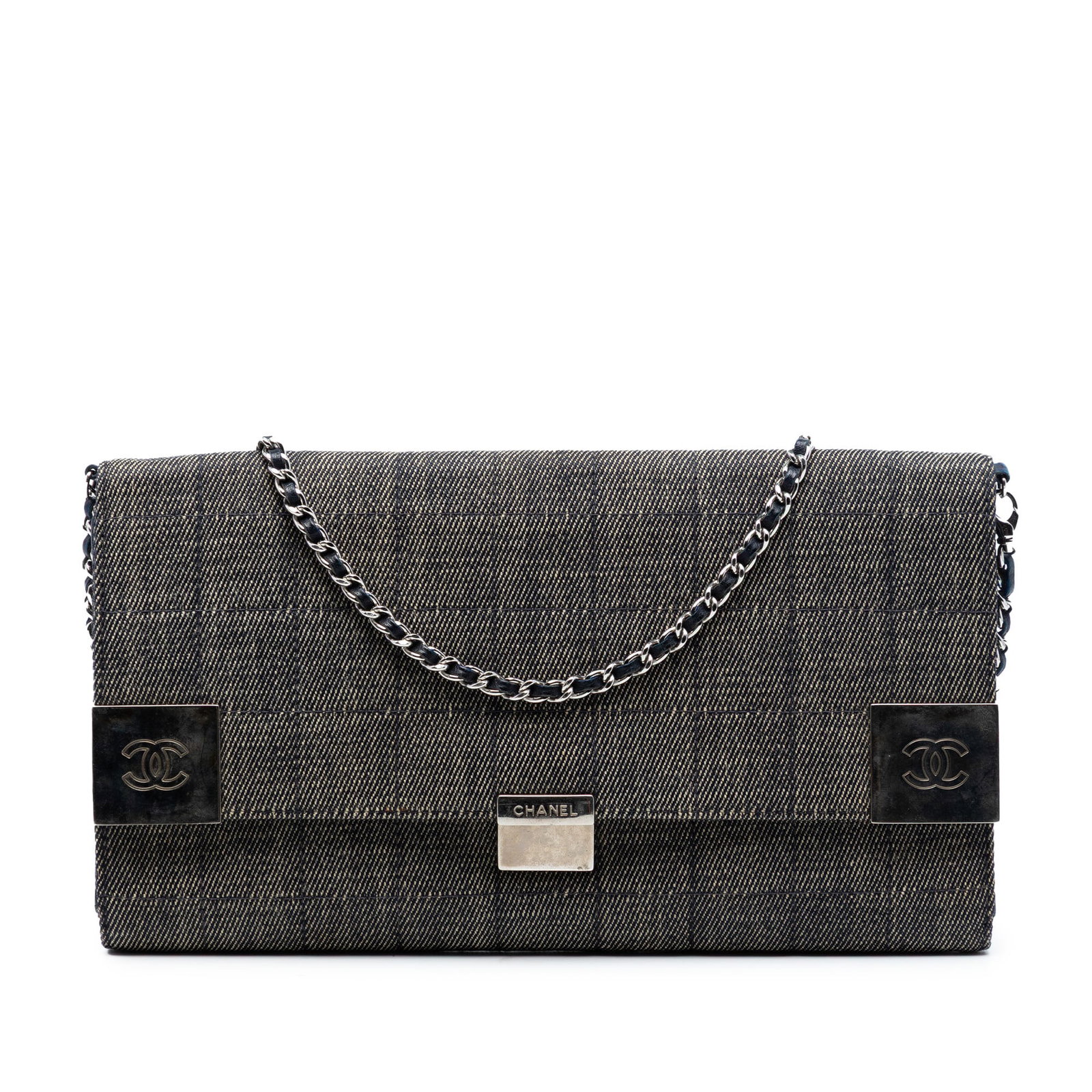 Chanel Denim CC Choco Bar Quilted Shoulder Bag with Chain Strap: Chanel Denim CC Choco Bar Quilted Shoulder Bag with Chain Strap This Chanel CC Choco Bar Denim Chain Flap shoulder bag features a square quilted denim exterior in gray with a leather-woven chain strap