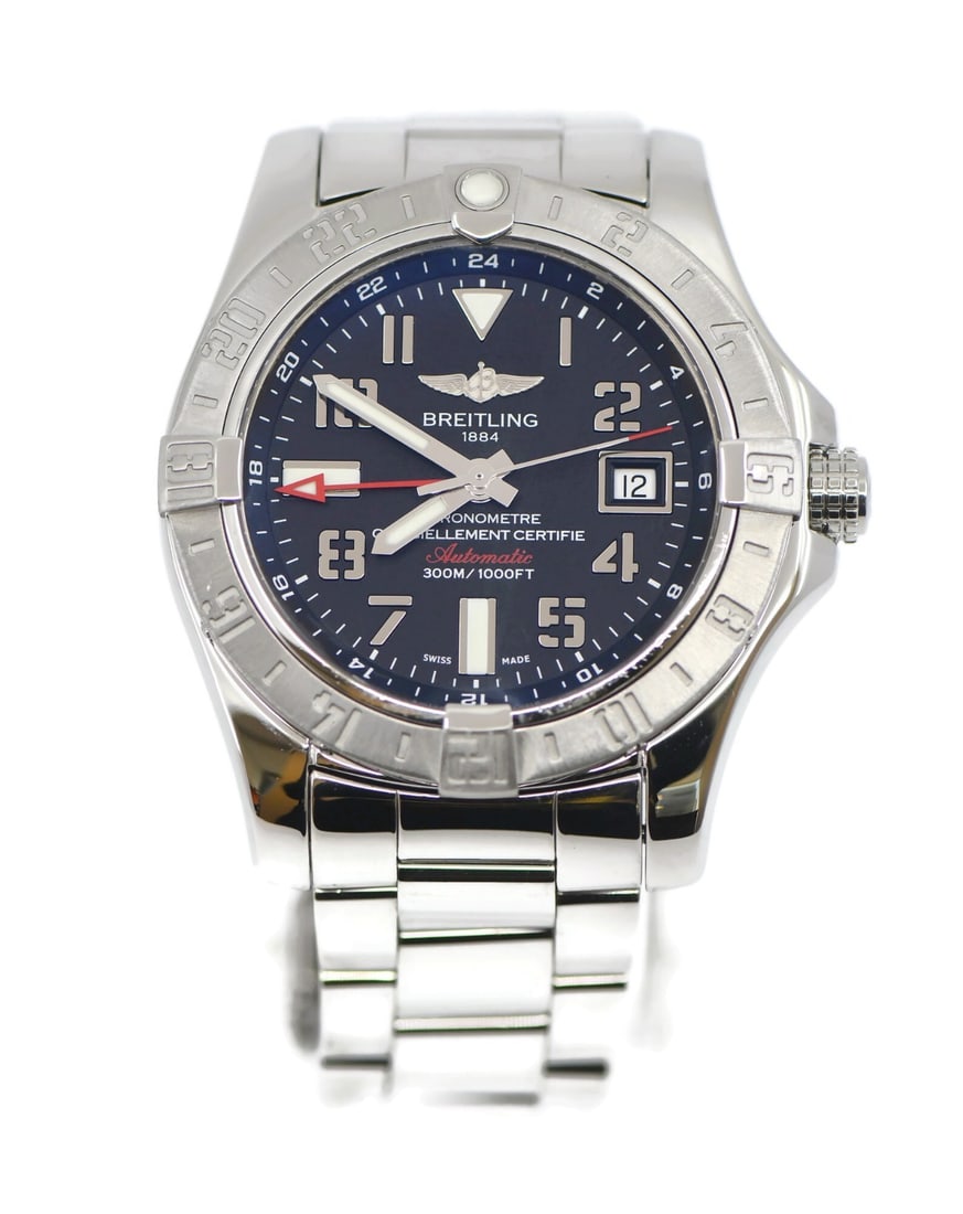Avenger GMT Automatic Stainless Steel Men's Wristwatch Ref A32390 with Box: Avenger GMT Automatic Stainless Steel Men's Wristwatch Ref A32390 with Box This Breitling Avenger GMT is a stainless steel men's wristwatch featuring a unidirectional rotating silver bezel, black dial