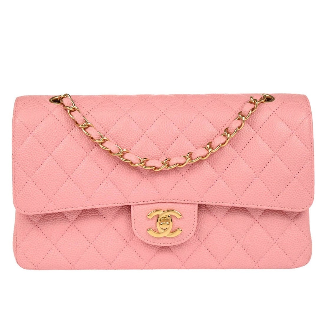 CHANEL Classic Double Flap Medium Shoulder Bag Pink Caviar Leather: CHANEL Classic Double Flap Medium Shoulder Bag Pink Caviar Leather Chanel Classic Medium Double Flap shoulder bag in pink caviar skin leather with a turn-lock closure and shoulder strap. This women's 