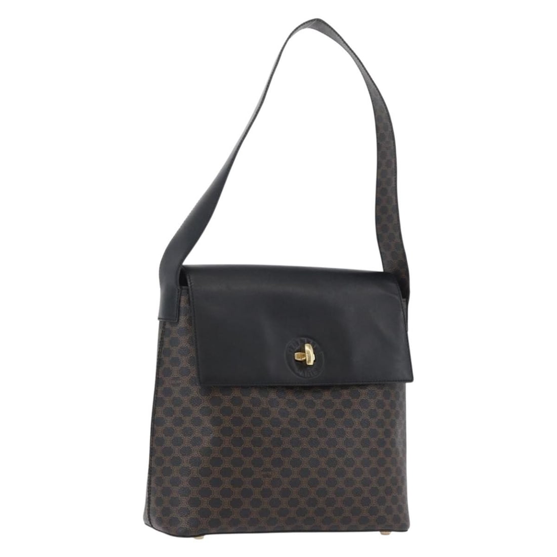Celine Macadam PVC Leather Shoulder Bag Black Gold Tone: Celine Macadam PVC Leather Shoulder Bag Black Gold Tone A CELINE shoulder bag in black and gold, crafted from PVC leather and Macadam canvas. It features a shoulder strap and was made in Italy. The ba