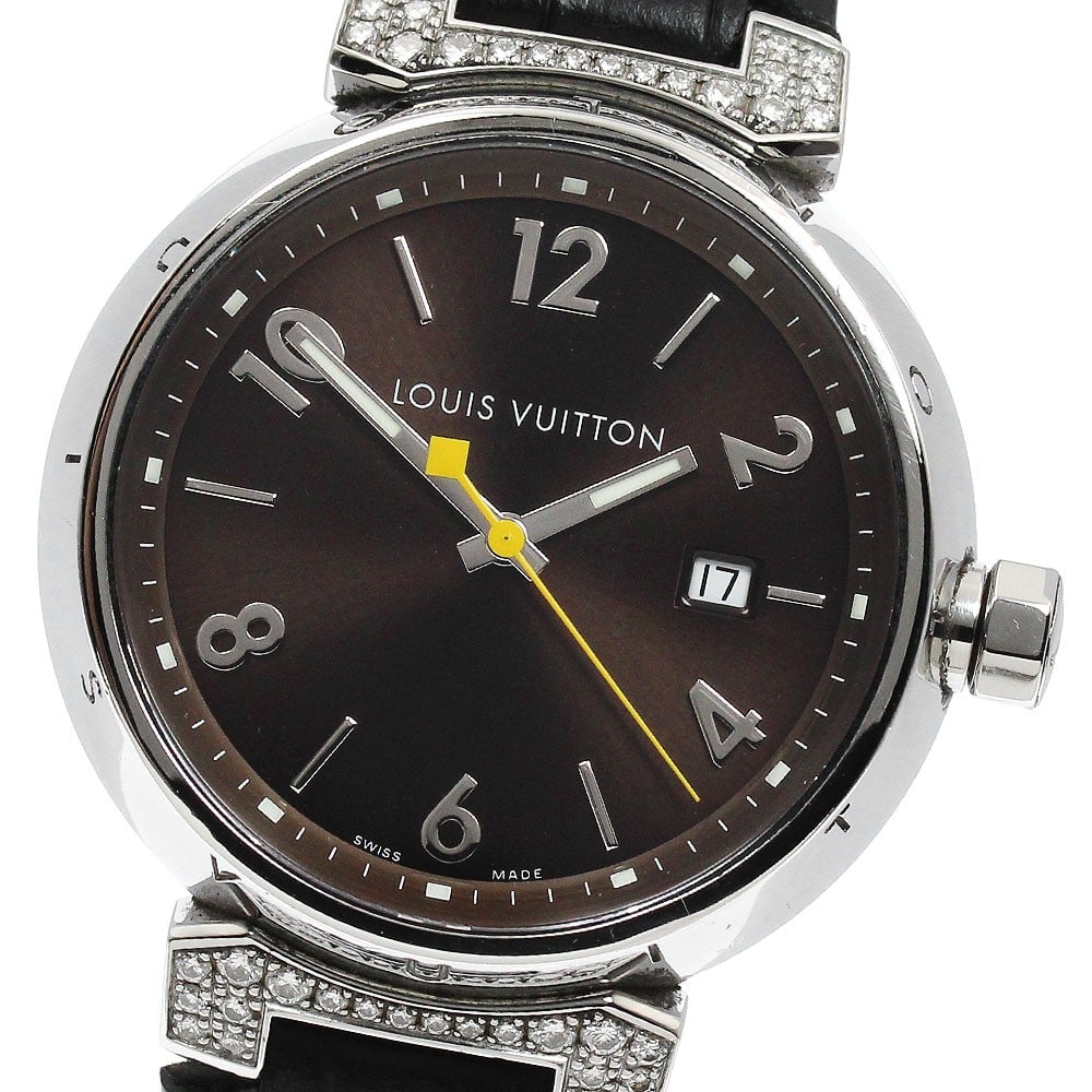 Louis Vuitton Tambour Q111G mens quartz wristwatch with date diamond lugs: Louis Vuitton Tambour Q111G mens quartz wristwatch with date diamond lugs Louis Vuitton Tambour Date Lug Diamond Quartz men's wristwatch, reference Q111G. This pre-owned Swiss-made watch features a st