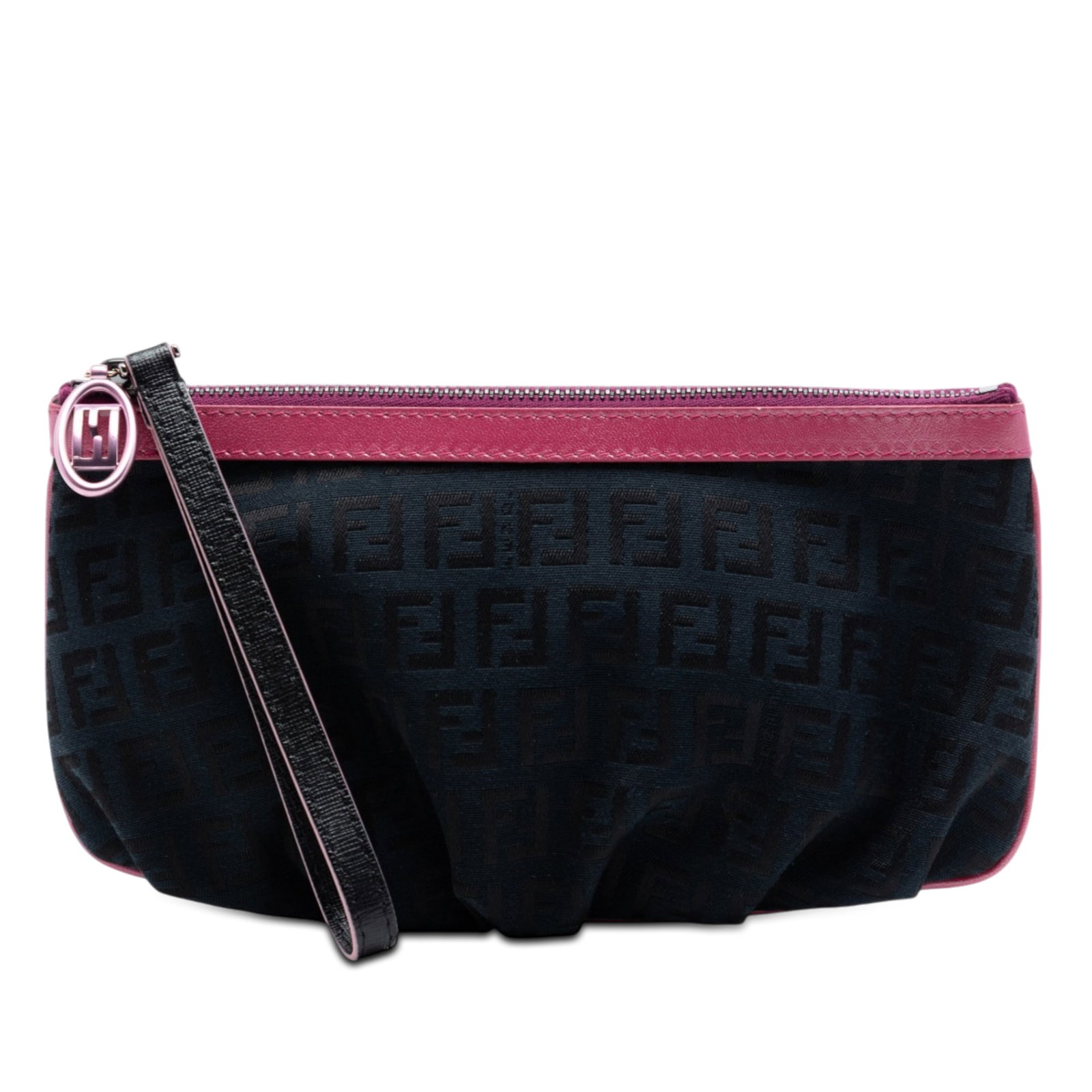 Black Fabric Wristlet Pouch Fendi Zucchino: Black Fabric Wristlet Pouch Fendi Zucchino A Fendi Zucchino canvas pouch in black with a streamlined silhouette and practical wrist strap. This Italian-made accessory features a canvas body and top zi
