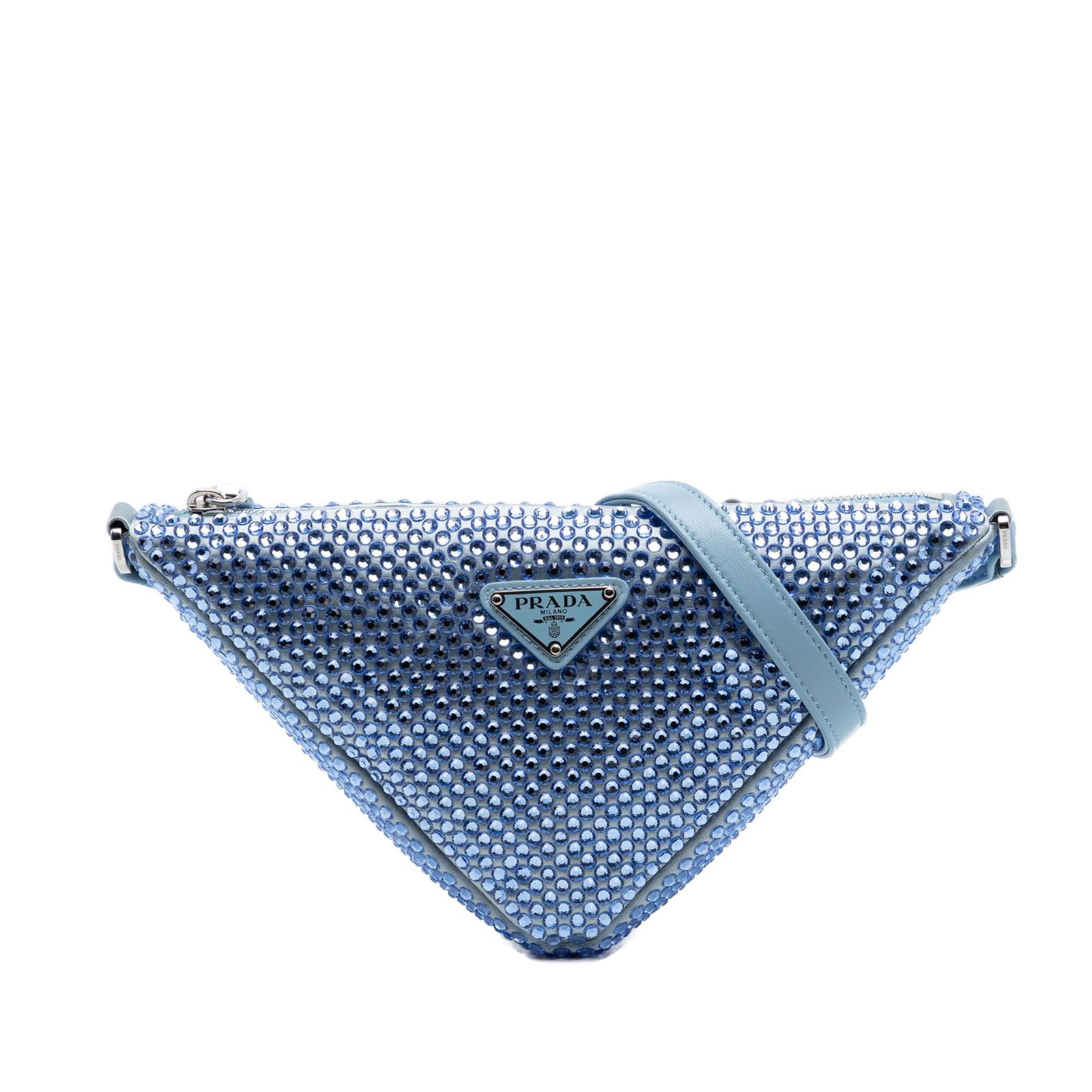 Prada Triangle Shoulder Bag in Blue Satin with Crystal Embellishment: Prada Triangle Shoulder Bag in Blue Satin with Crystal Embellishment A Prada shoulder bag featuring a satin body with crystal embellishments, a flat leather shoulder strap, and a top zip closure. It i