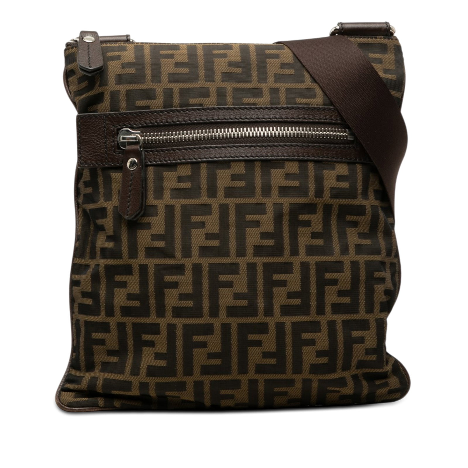 Fendi Zucca Brown Canvas Crossbody Bag with Leather Trim: Fendi Zucca Brown Canvas Crossbody Bag with Leather Trim Brown Fendi Zucca Canvas Crossbody bag made in Italy. It features a canvas body with leather trim, an adjustable flat shoulder strap, a top zip