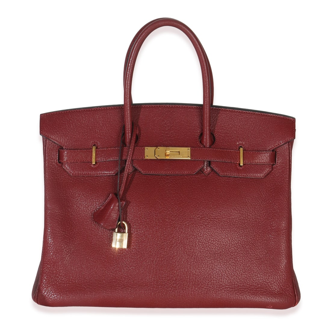 Hermes Birkin 35 Red Chevre Leather Gold Tone Hardware: Hermes Birkin 35 Red Chevre Leather Gold Tone Hardware This Hermes Birkin 35 handbag is crafted from Rouge Grenat Chevre de Coromandel leather and features a top handle design. The bag is accented wit