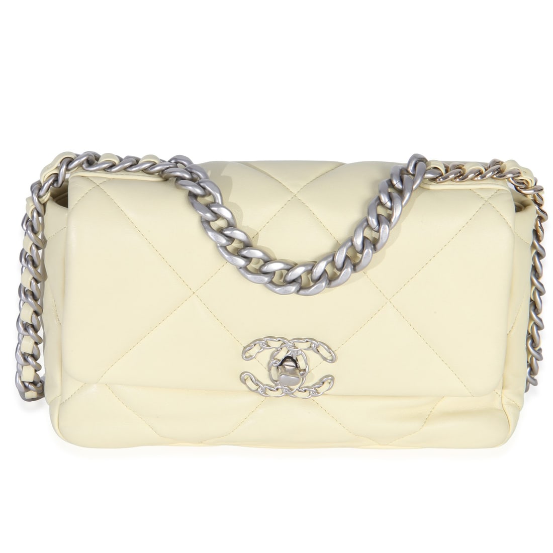 Chanel Medium 19 Flap Bag Yellow Quilted Lambskin: Chanel Medium 19 Flap Bag Yellow Quilted Lambskin This Chanel Medium Chanel 19 Flap Bag features light yellow quilted lambskin leather with both gold-tone and silver-tone hardware. The bag is designed