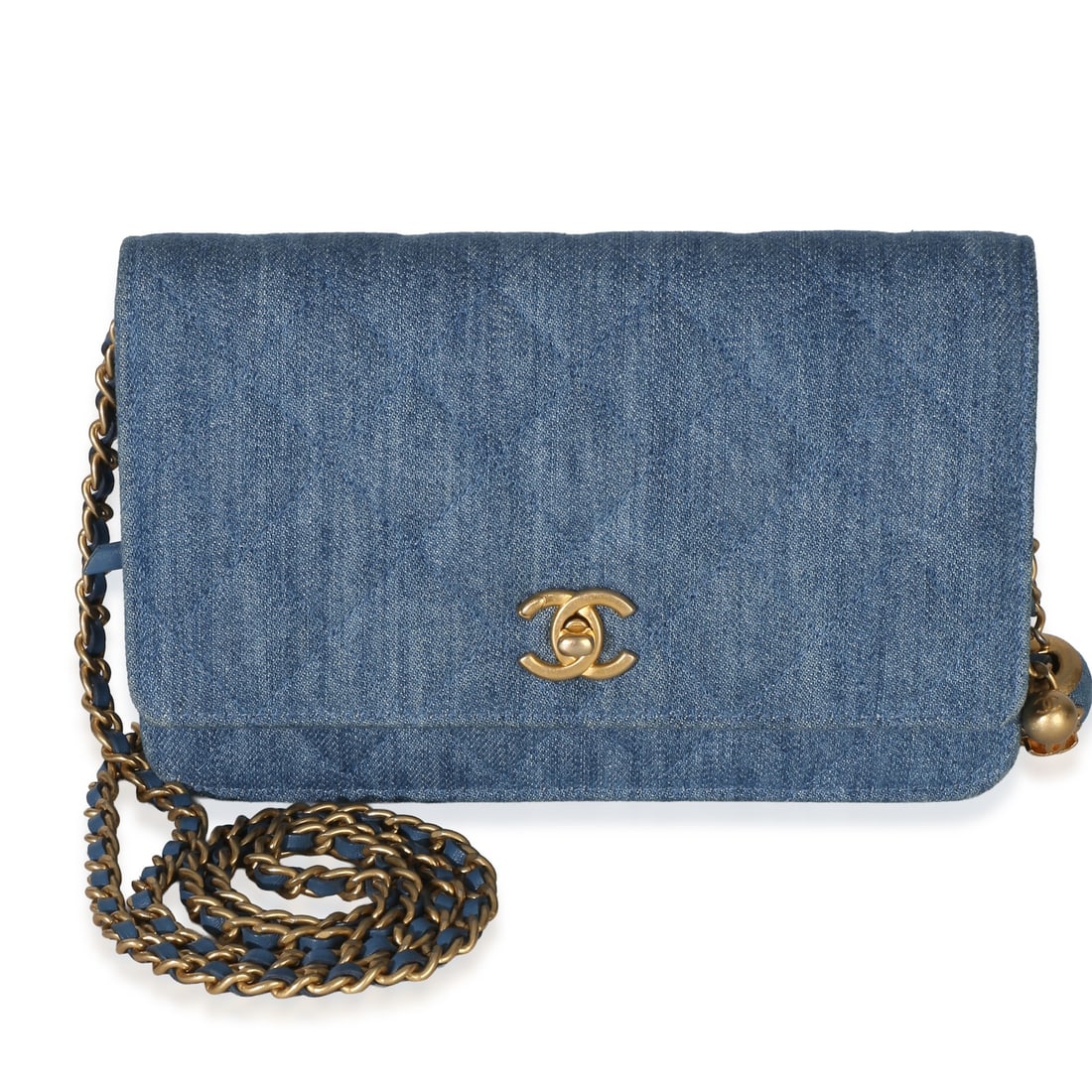 Chanel Wallet On Chain blue quilted denim shoulder bag with dustbag receipt: Chanel Wallet On Chain blue quilted denim shoulder bag with dustbag receipt Blue quilted denim wallet on chain shoulder bag with a turnlock closure, leather lining, and gold-tone hardware. It comes wi