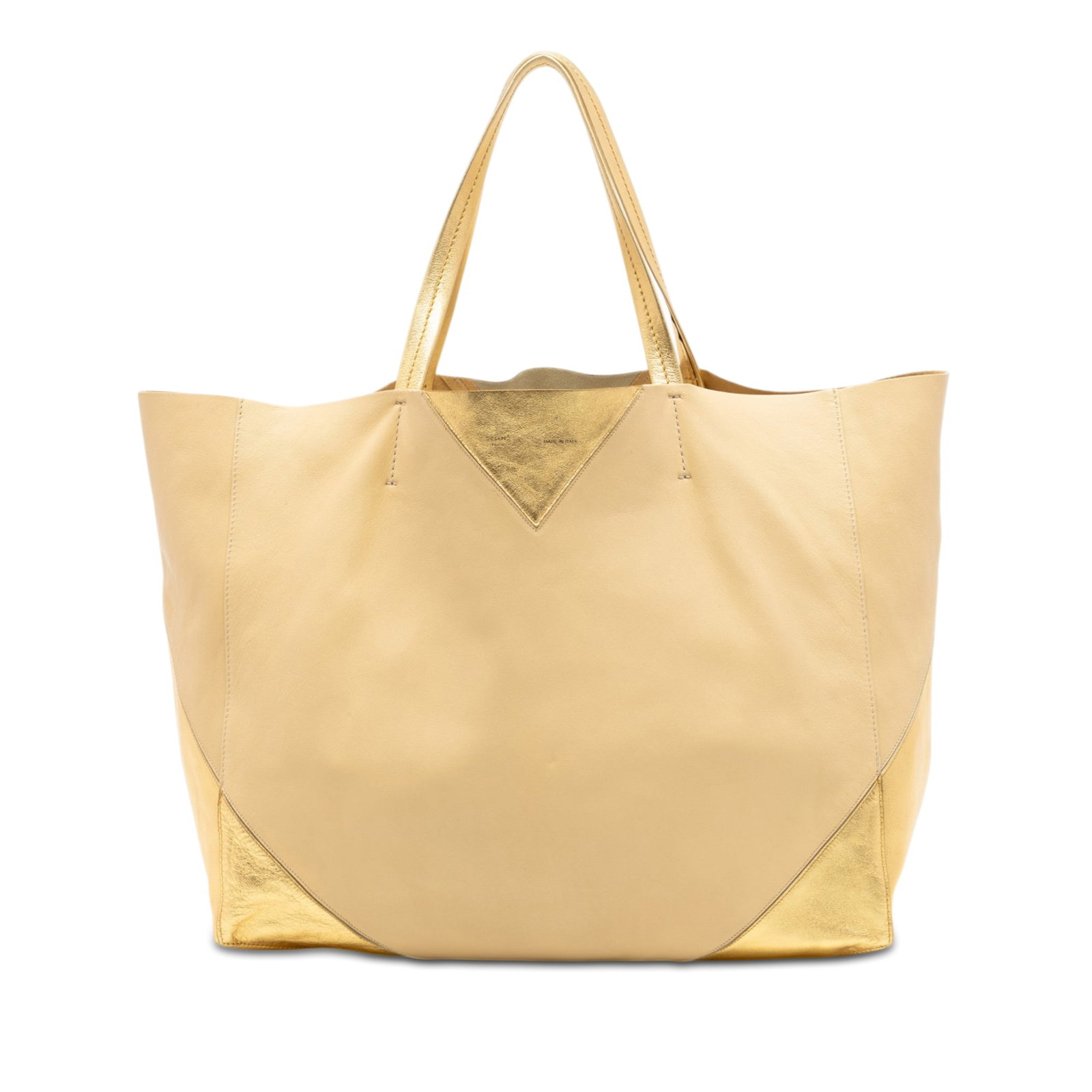 Celine Beige Leather Cabas Tote Bicolor Lambskin Horizontal: Celine Beige Leather Cabas Tote Bicolor Lambskin Horizontal This Celine Bicolor Lambskin Horizontal Cabas Tote is crafted from leather and features flat leather handles, an open top, and an interior z