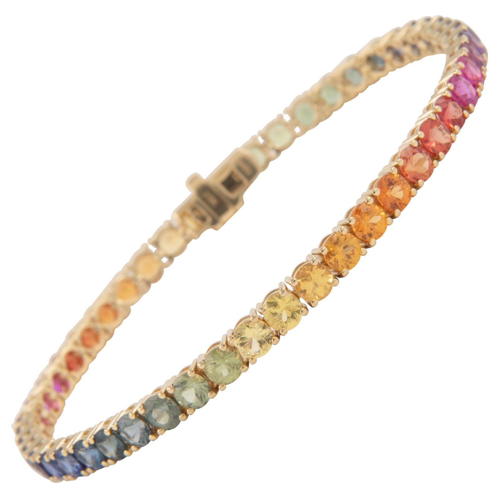 10.23ct Rainbow Sapphire Bracelet 18k Gold: 10.23ct Rainbow Sapphire Bracelet 18k Gold This exquisite Rainbow Sapphire Tennis Bracelet features a stunning array of 45 round sapphires, totaling 10.23 carats. Each gemstone is beautifully graduate