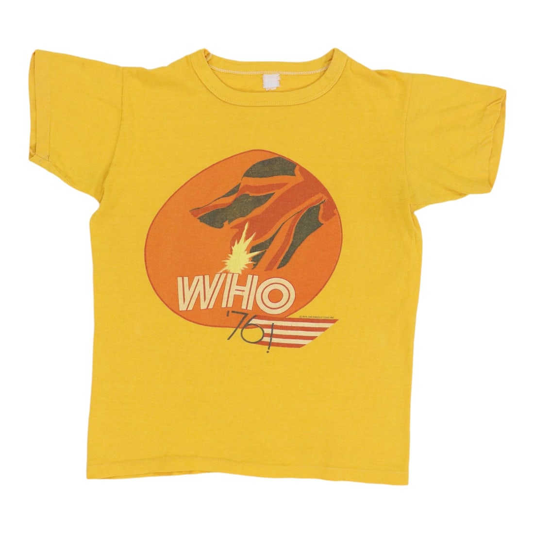 Vintage 1976 The Who Band Graphic Cotton T Shirt Yellow: Vintage 1976 The Who Band Graphic Cotton T Shirt Yellow This is an original vintage 1976 The Who shirt featuring front and back graphics. Made of 100% cotton, the shirt comes in yellow and is from the