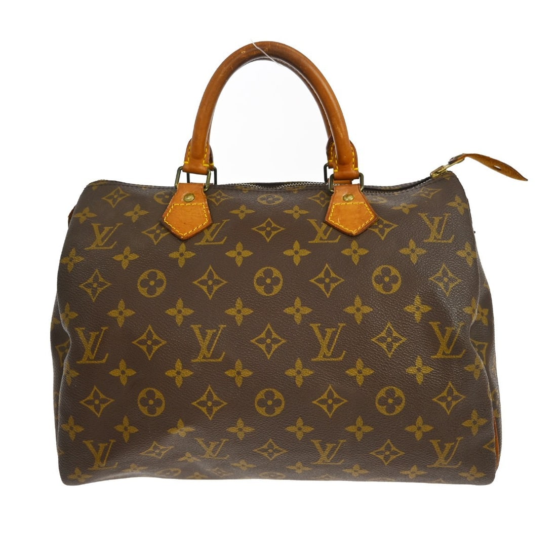 Louis Vuitton Speedy 30 Monogram Canvas Satchel M41526: Louis Vuitton Speedy 30 Monogram Canvas Satchel M41526 Vintage Louis Vuitton Speedy 30 handbag in brown Monogram canvas with leather double handles and a zip closure. The bag shows visible wear consis