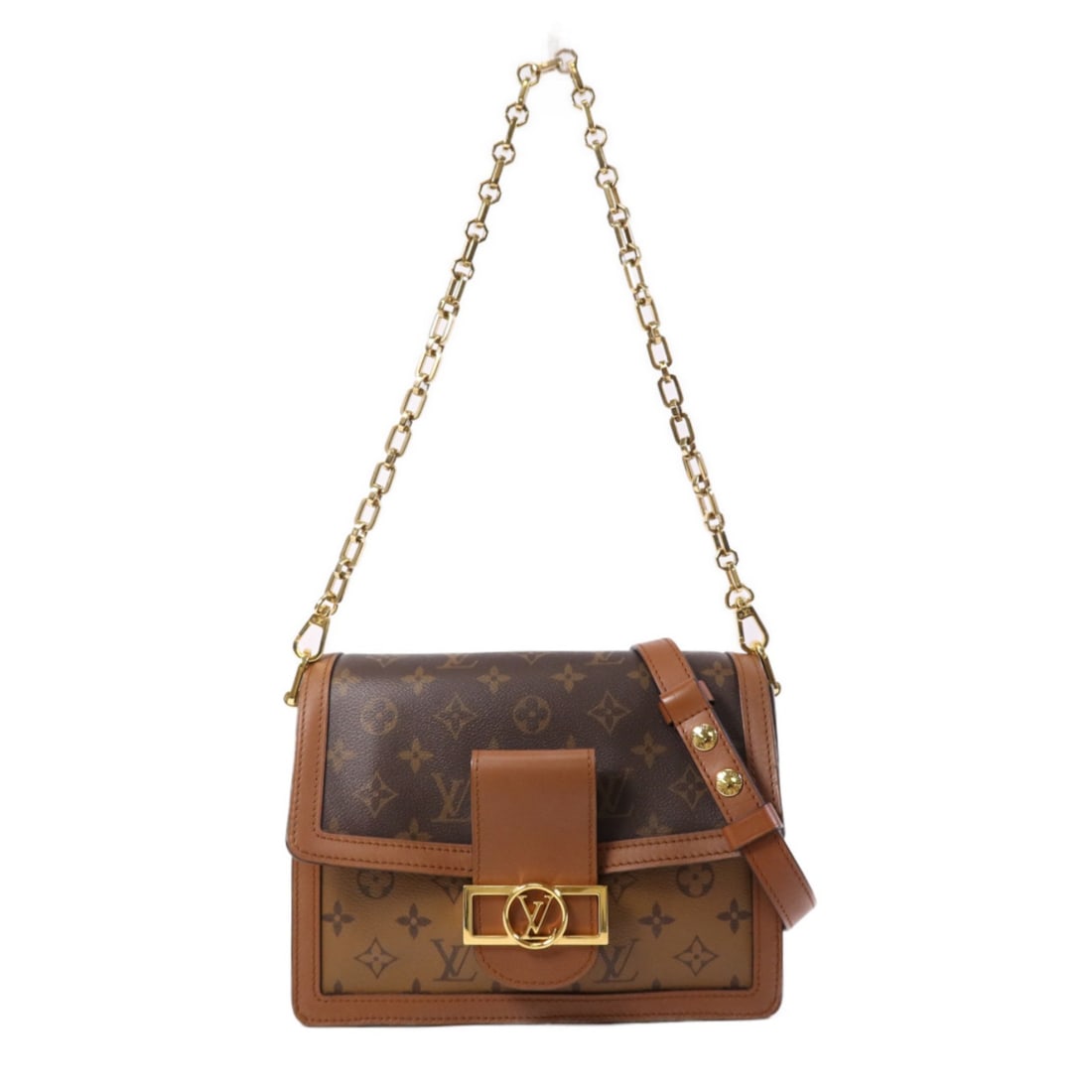 Louis Vuitton Dauphine MM M45958 Monogram Reverse Shoulder Bag: Louis Vuitton Dauphine MM M45958 Monogram Reverse Shoulder Bag Louis Vuitton Dauphine MM crossbody shoulder bag in brown Monogram Reverse and PVC coated canvas. It features a magnetic pocket, one open