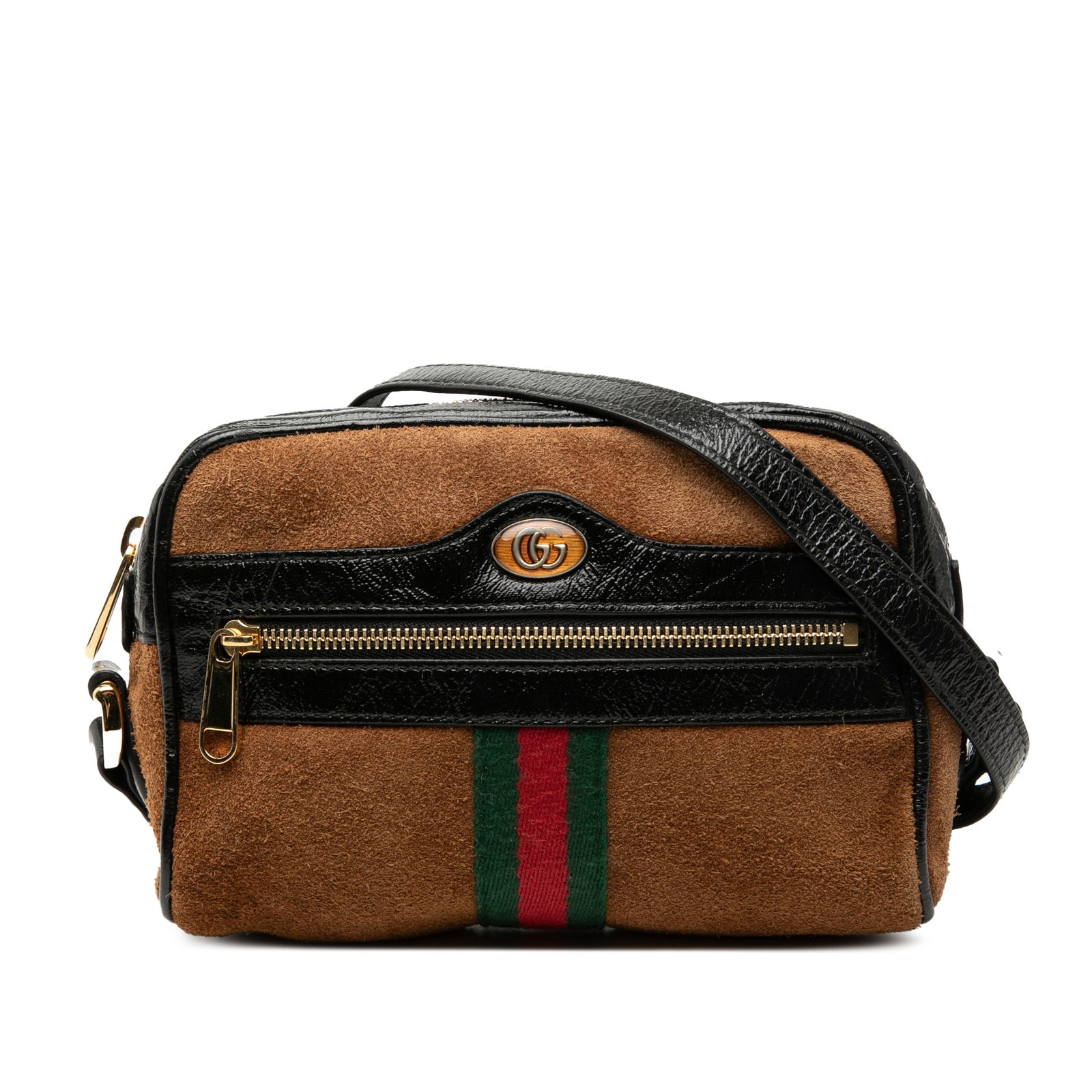 Gucci Ophidia Mini Brown Suede Crossbody Bag with Patent Leather Trim: Gucci Ophidia Mini Brown Suede Crossbody Bag with Patent Leather Trim This Gucci Mini Suede Web Ophidia Crossbody bag features a brown suede body with patent leather trim and an adjustable flat patent