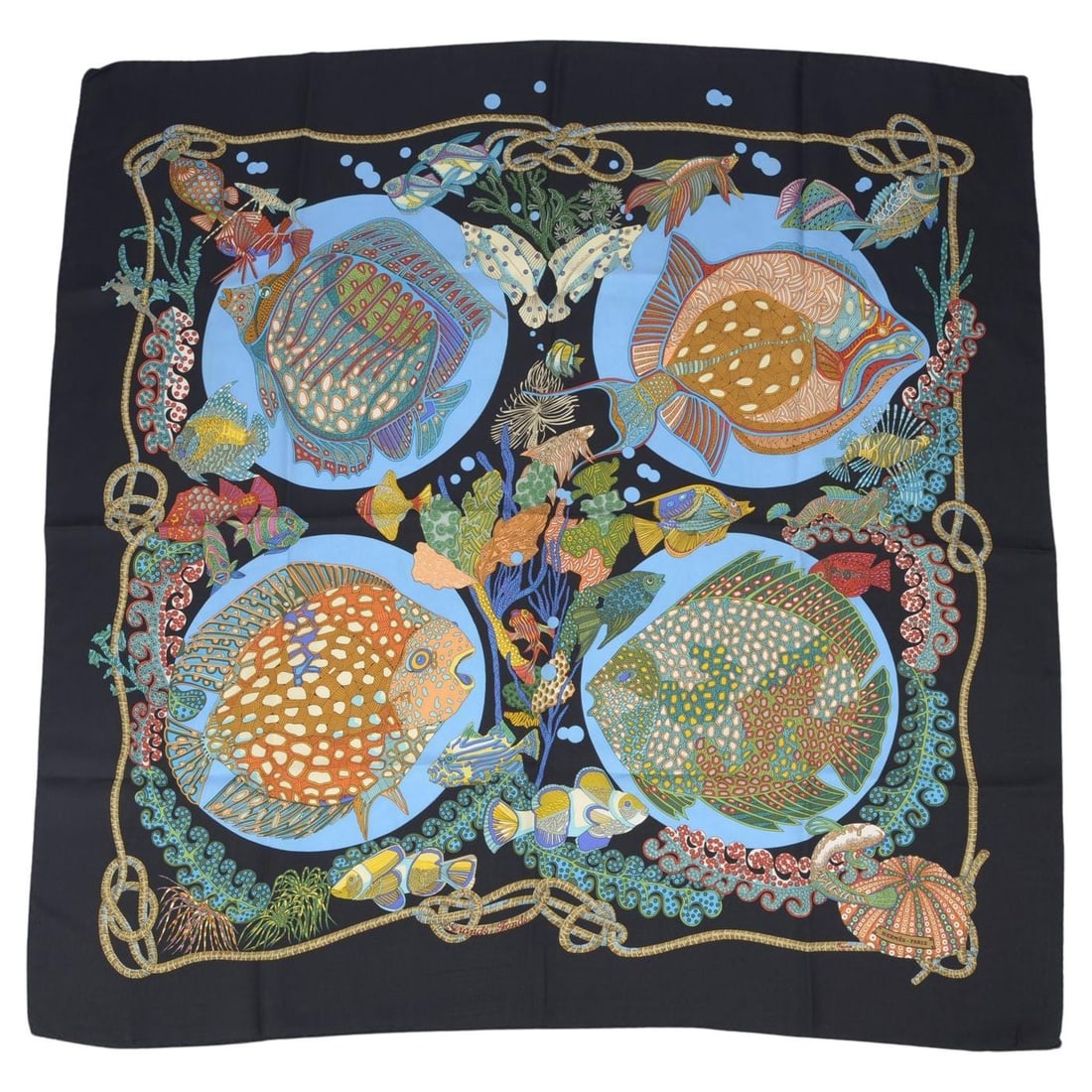 Hermes Grands Fonds 35 Inch Black Silk Square Scarf by Annie Faivre: Hermes Grands Fonds 35 Inch Black Silk Square Scarf by Annie Faivre Hermes Grands Fonds scarf crafted from 100% silk features hand-rolled edges and the design by Annie Faivre. Made in France, this un-