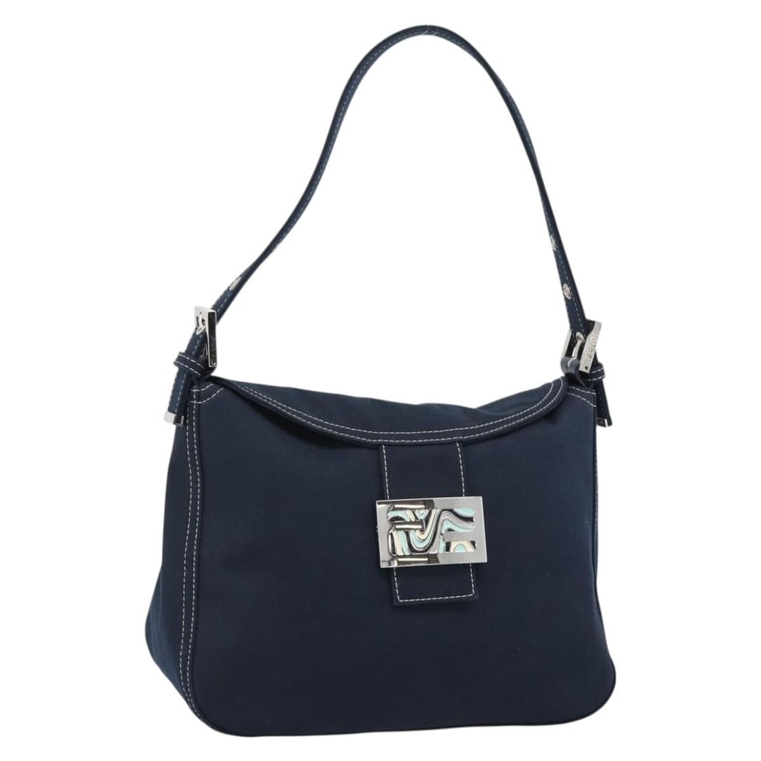 Fendi Mamma Baguette Canvas Shoulder Bag Navy Silver: Fendi Mamma Baguette Canvas Shoulder Bag Navy Silver Authentic FENDI Mamma Baguette shoulder bag in navy canvas with silver-tone accents. Made in Italy, this women's shoulder bag features a compact si