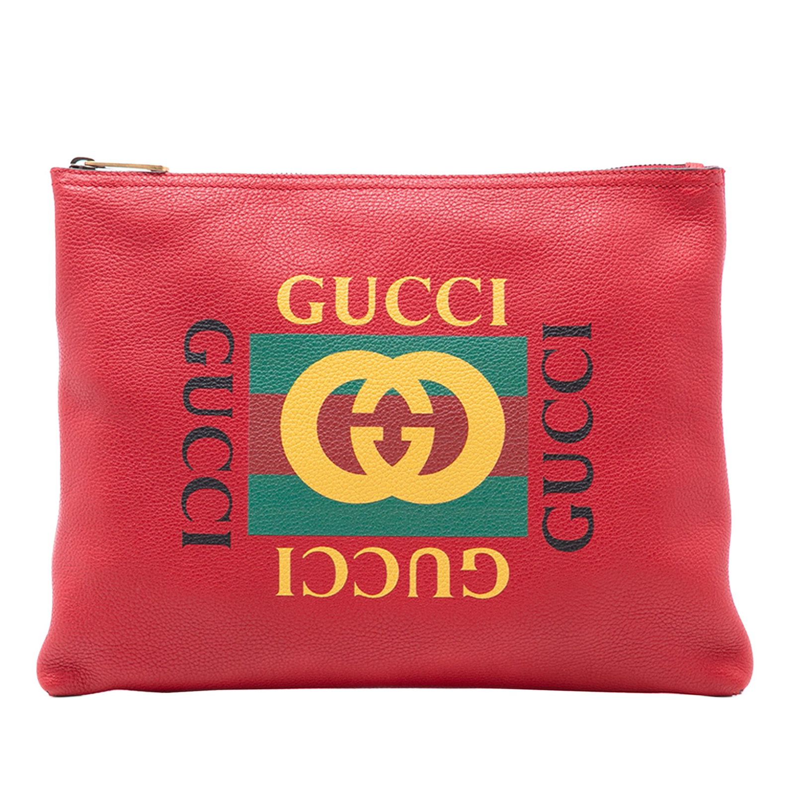 Gucci Red Leather Portfolio Clutch with Printed Logo Medium Size: Gucci Red Leather Portfolio Clutch with Printed Logo Medium Size This Gucci Medium Leather Logo Portfolio Clutch features a printed leather body in red and a top zip closure. Made in Italy, this clutc