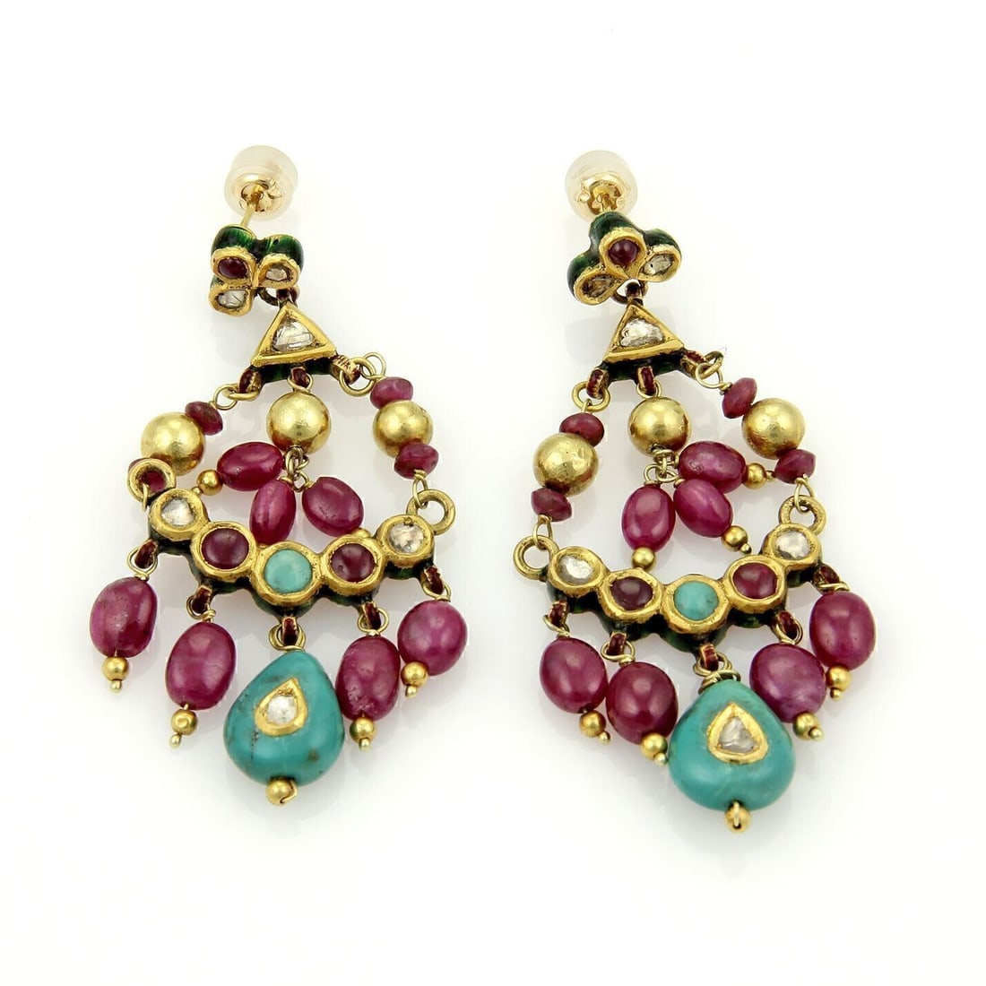 Vintage 22k Gold Chandelier Earrings with Rubies Turquoise and Enamel: Vintage 22k Gold Chandelier Earrings with Rubies Turquoise and Enamel Vintage estate chandelier earrings crafted in 22k yellow gold with ruby and turquoise gemstones and enamel detailing. The design f