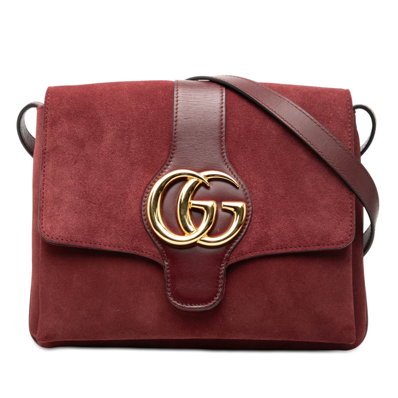 Gucci Arli Medium Red Suede and Leather Crossbody Bag: Gucci Arli Medium Red Suede and Leather Crossbody Bag This Gucci Medium Suede Arli Crossbody features a red suede body with calf leather trim, an adjustable flat leather strap, a front flap with magne