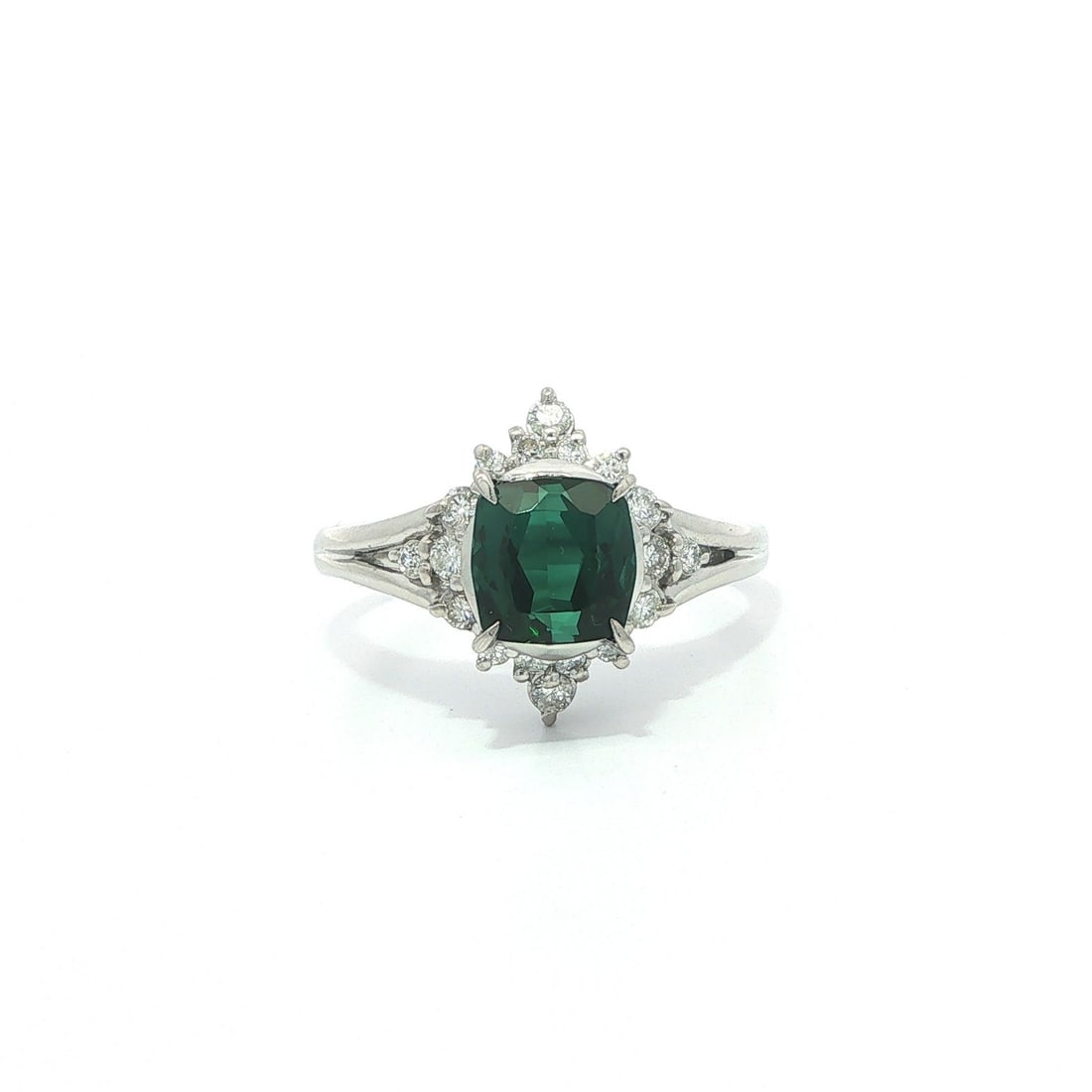 Unbranded Platinum Cocktail Ring with Indicolite Tourmaline and 18 Diamonds: Unbranded Platinum Cocktail Ring with Indicolite Tourmaline and 18 Diamonds Pre-owned women's cocktail ring featuring a natural cushion-cut blueish green indicolite tourmaline accented by natural roun