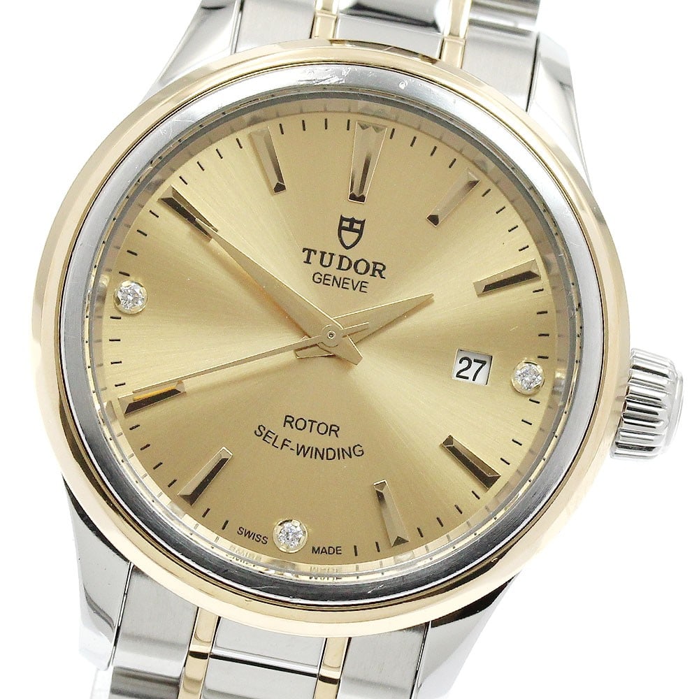 TUDOR Style 12103 Women's Automatic Date Watch 3P Diamond: TUDOR Style 12103 Women's Automatic Date Watch 3P Diamond TUDOR Style women's wristwatch, Swiss-made, with an automatic movement and date function. This pre-owned watch features a gold dial and a stai