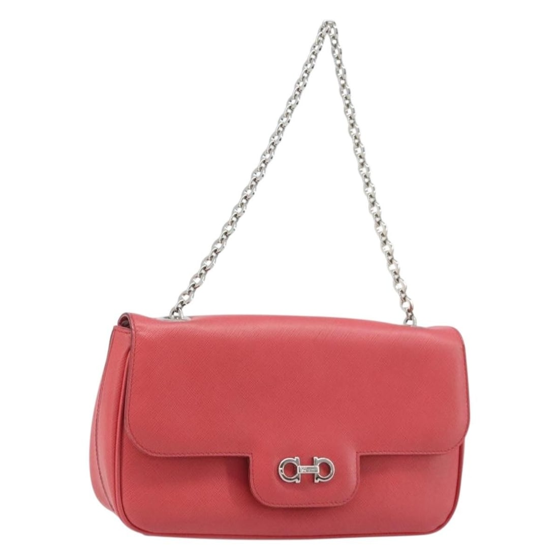 Salvatore Ferragamo Gancini Pink Leather Shoulder Bag with Silver Chain: Salvatore Ferragamo Gancini Pink Leather Shoulder Bag with Silver Chain This Salvatore Ferragamo Gancini chain shoulder bag features pink leather with silver-tone accents. Designed for women, the bag 