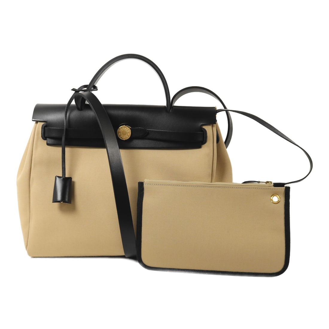 Hermes Herbag PM canvas 2 way shoulder bag Trench Noir: Hermes Herbag PM canvas 2 way shoulder bag Trench Noir Hermes Herbag PM 2 Way Shoulder Bag in canvas with a Trench/Noir color combination. It features a 2-way design with handle and shoulder strap car