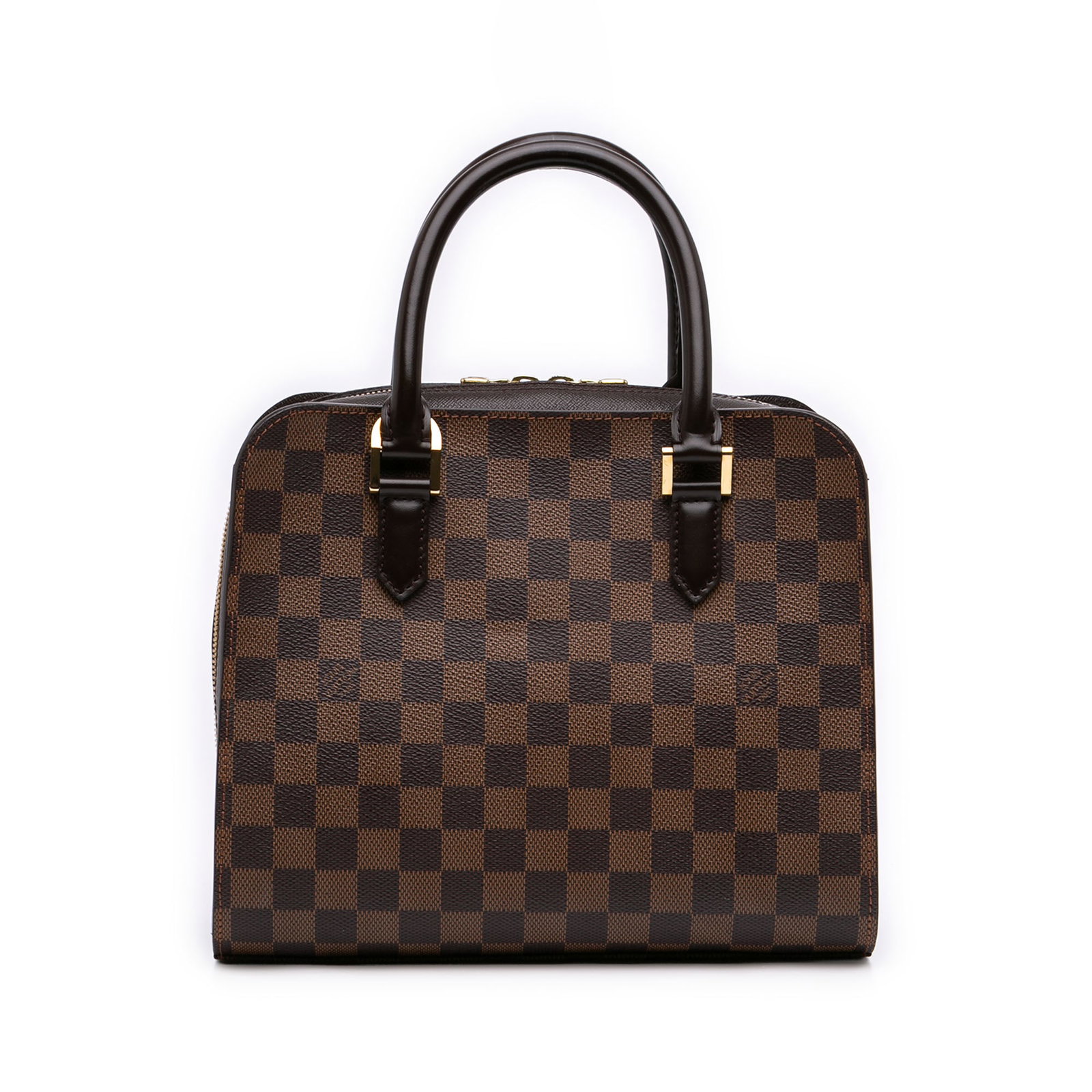 Louis Vuitton Triana Brown Damier Ebene Handbag: Louis Vuitton Triana Brown Damier Ebene Handbag Louis Vuitton Damier Ebene Triana bag in brown Damier Ebene canvas with leather trim and rolled leather handles. It features a top zip closure, exterior