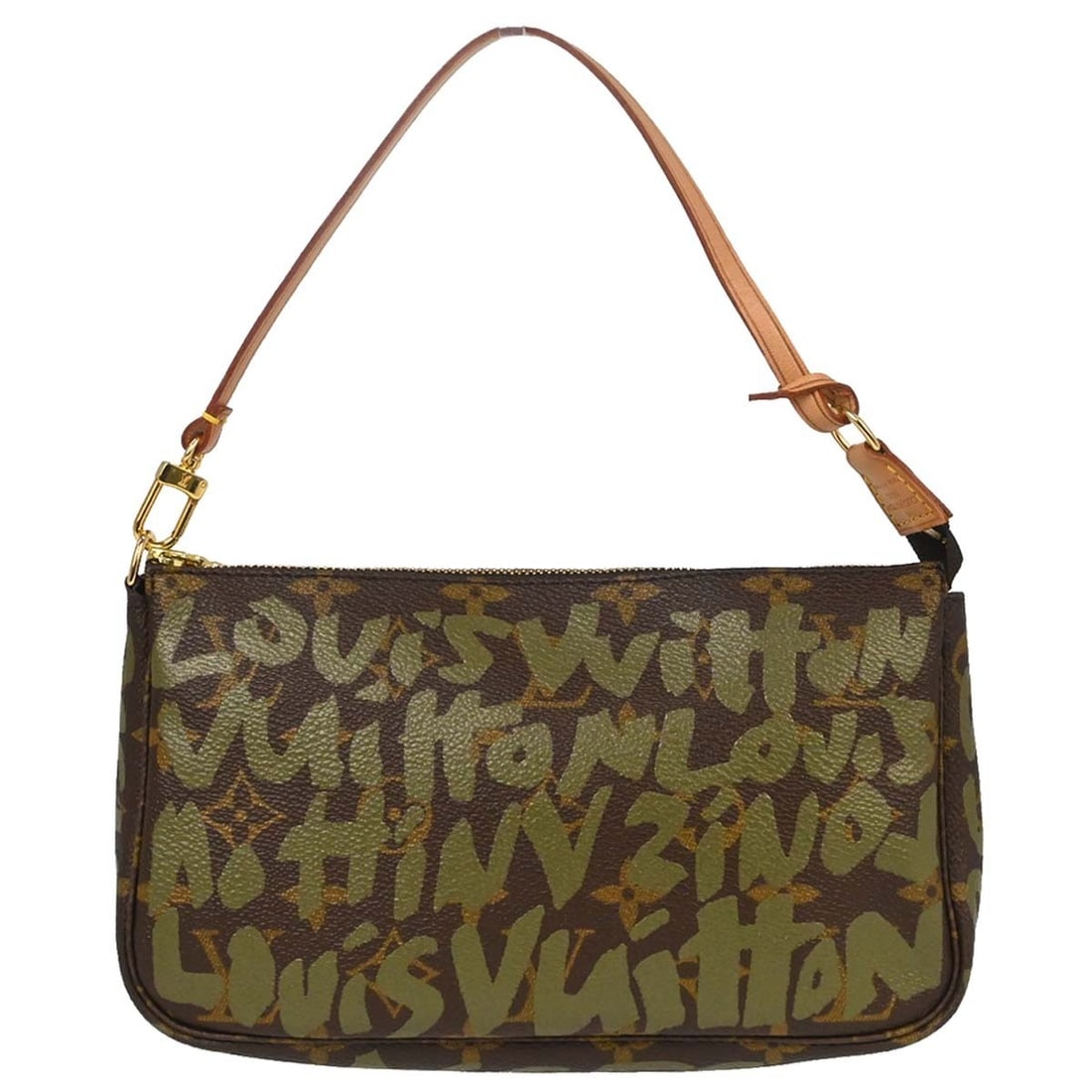 Louis Vuitton Pochette Accessoires M92191 Khaki Monogram Graffiti Bag: Louis Vuitton Pochette Accessoires M92191 Khaki Monogram Graffiti Bag Louis Vuitton Pochette Accessoires handbag in brown khaki Monogram Graffiti canvas with leather trim. This small top-handle bag fe