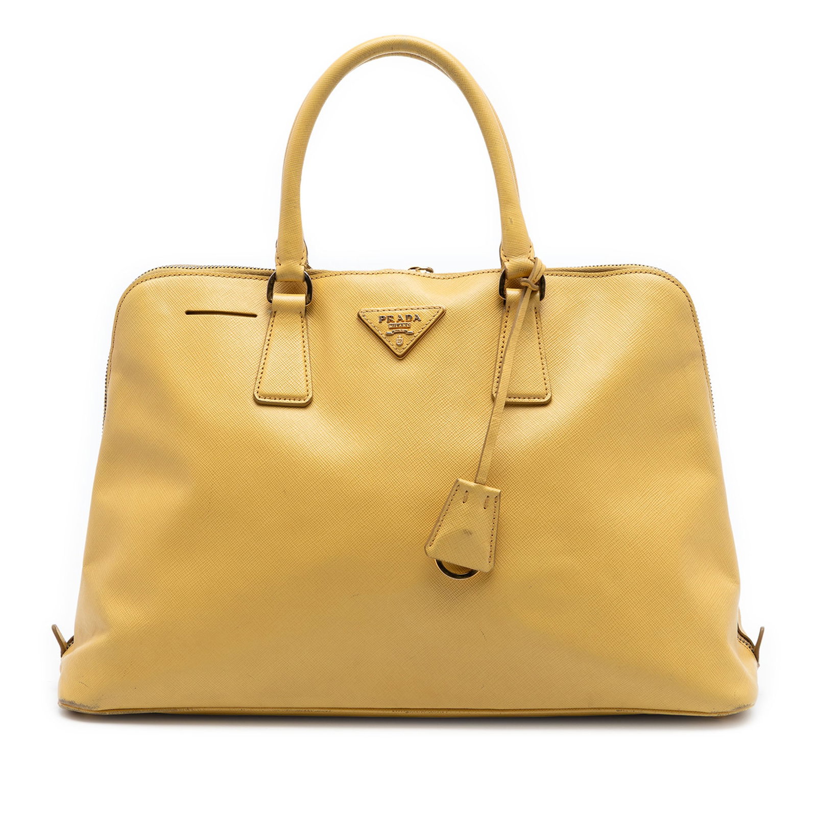 Prada Promenade Satchel in Yellow Saffiano Lux Leather: Prada Promenade Satchel in Yellow Saffiano Lux Leather Prada Large Saffiano Lux Promenade Satchel in yellow leather with rolled handles and a two-way zip-around closure. The interior includes a zip co