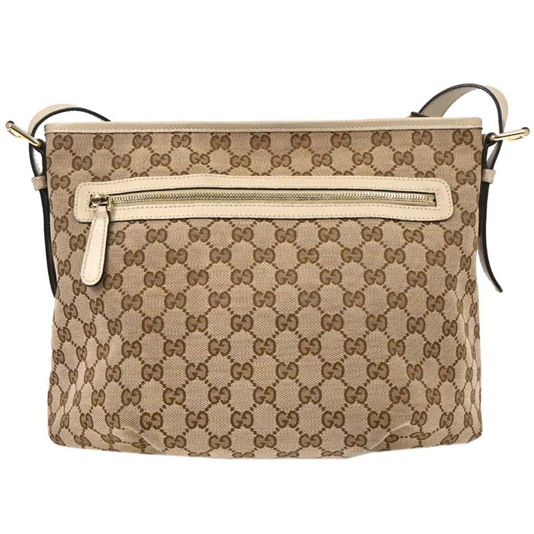 Gucci GG Medium Beige Canvas Leather Shoulder Bag: Gucci GG Medium Beige Canvas Leather Shoulder Bag Gucci beige GG shoulder bag made in Italy, featuring the Gucci GG pattern and product line. It is a medium-sized women's bag with a canvas and leather