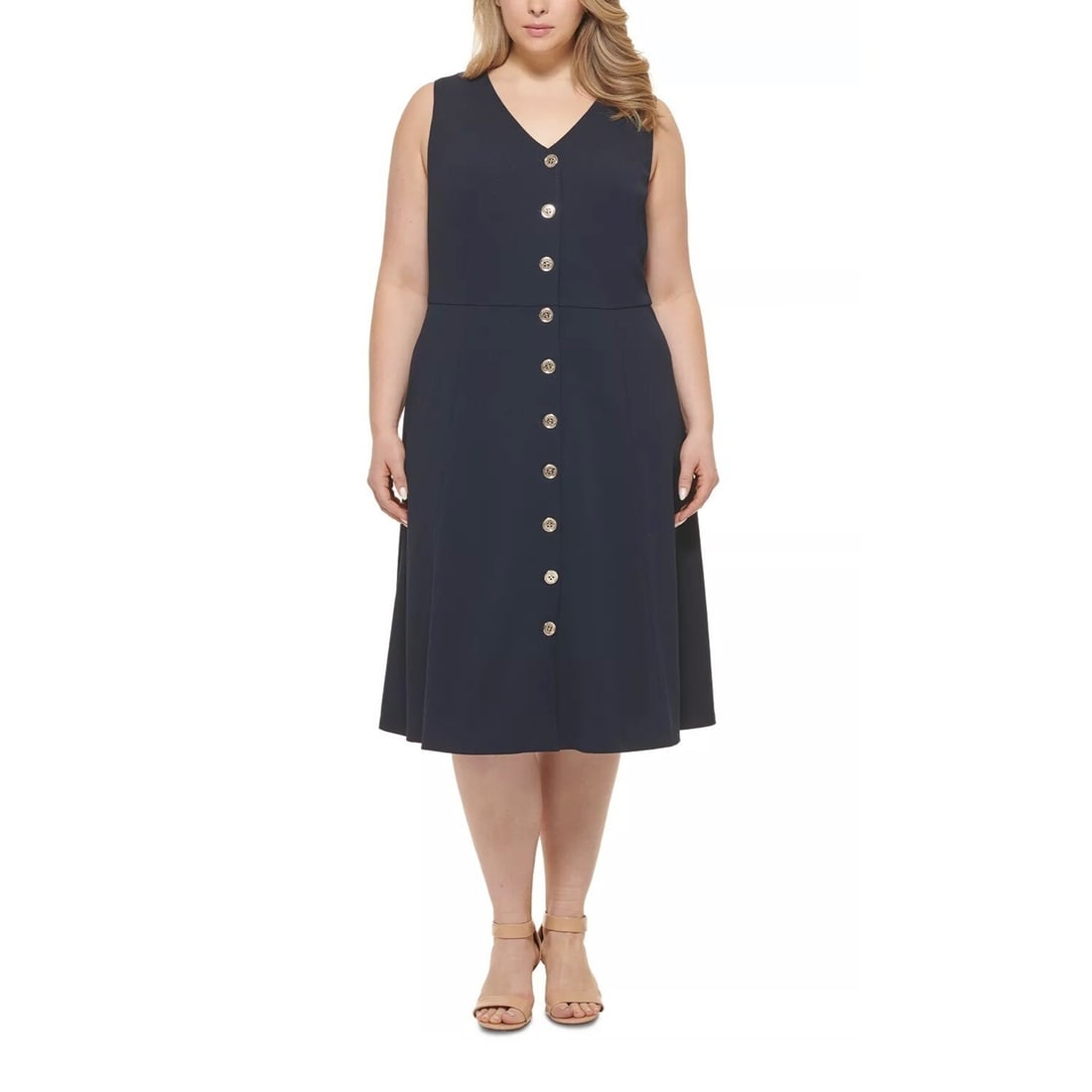 Tommy Hilfiger Plus Size Navy Blue Midi Dress 18W V Neck Button-Front (1 of 3)