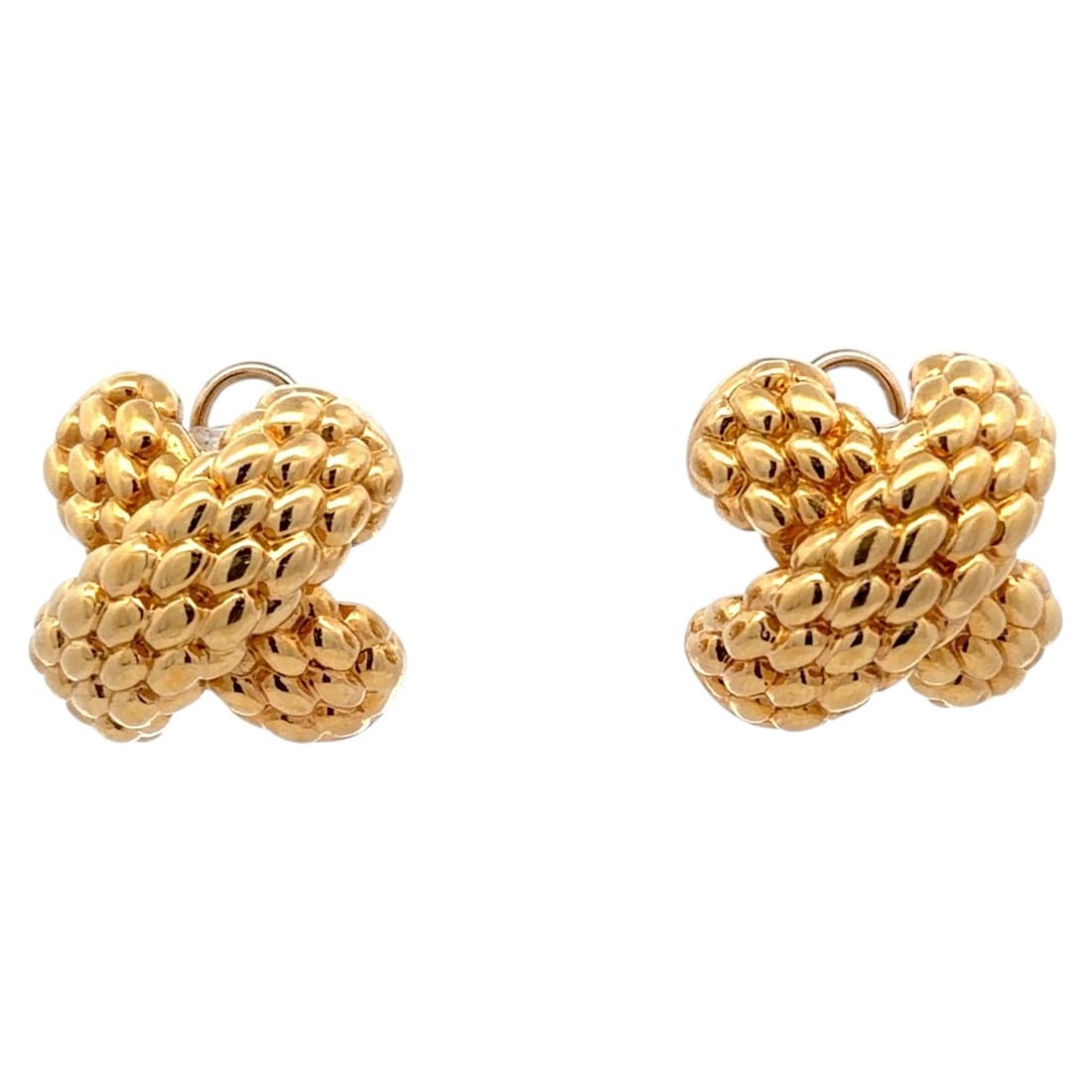 1980s Italian 18K Yellow Gold Textured X Design Earrings 11g: 1980s Italian 18K Yellow Gold Textured X Design Earrings 11g Elevate your jewelry collection with these stunning 18 Karat Yellow Gold 'X' Design Textured Earrings. Crafted in Italy, these contemporary