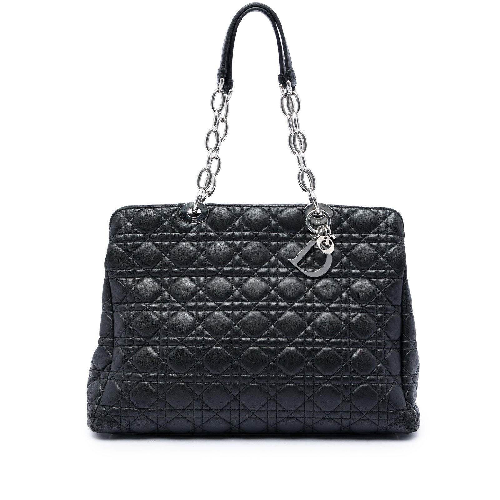 Dior Lady Dior Cannage Large Lambskin Zip Top Shopping Tote: Dior Lady Dior Cannage Large Lambskin Zip Top Shopping Tote The Lady Dior Soft Shopping Tote is crafted in quilted lambskin leather and finished in black. It features flat leather and chain handles, a