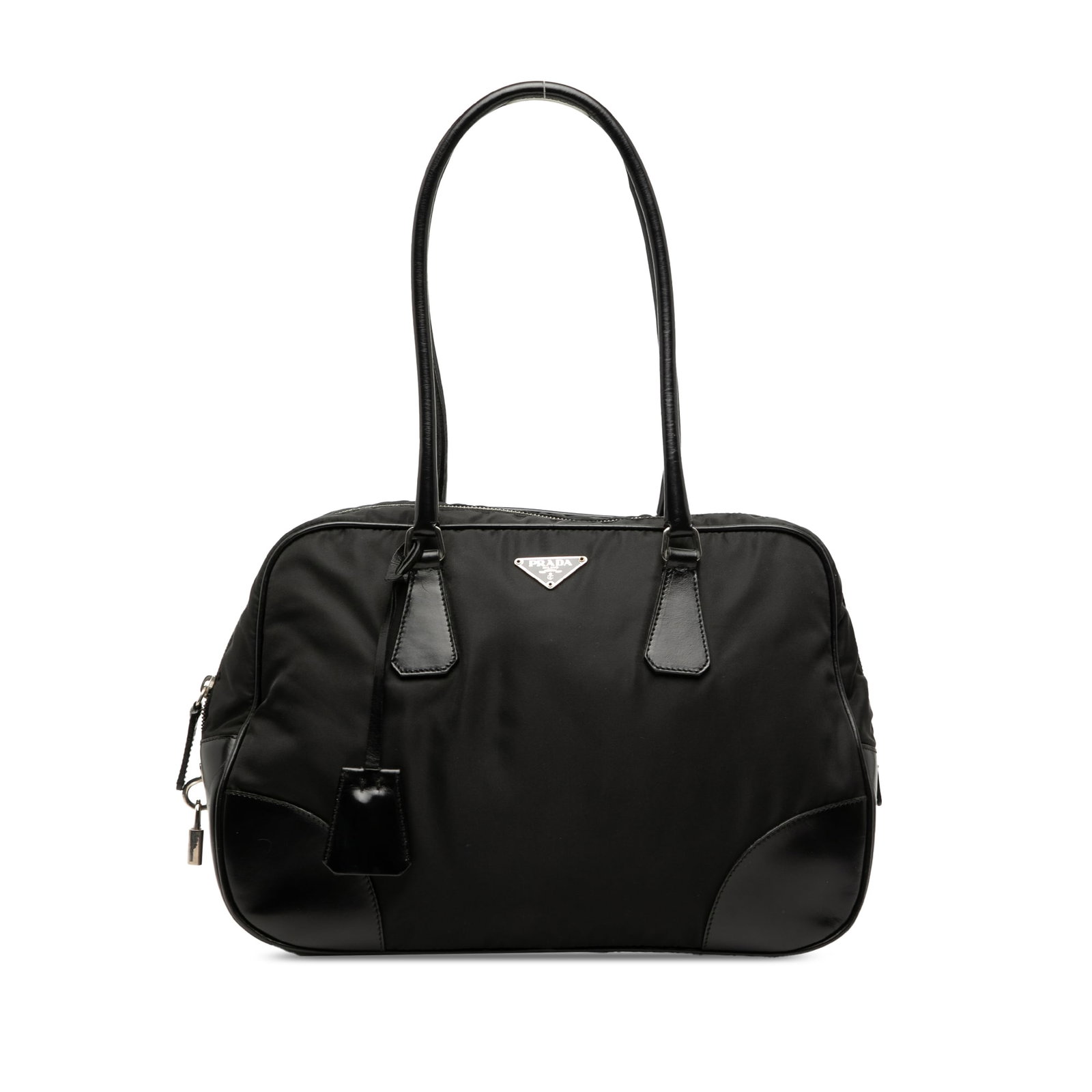 Prada Tessuto Bauletto nylon handbag with leather trim: Prada Tessuto Bauletto nylon handbag with leather trim This Prada Soft Calf Trimmed Tessuto Bauletto Bag features a durable black nylon body with leather trim and rolled leather handles. It is designe