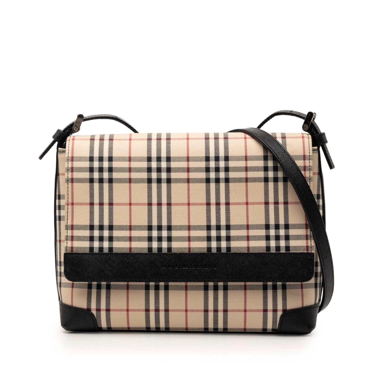 Burberry Canvas Crossbody Bag with Flap and Leather Trim: Burberry Canvas Crossbody Bag with Flap and Leather Trim This crossbody bag features a canvas body with leather trim, an adjustable flat leather strap, a top flap with magnetic snap closure, an exteri