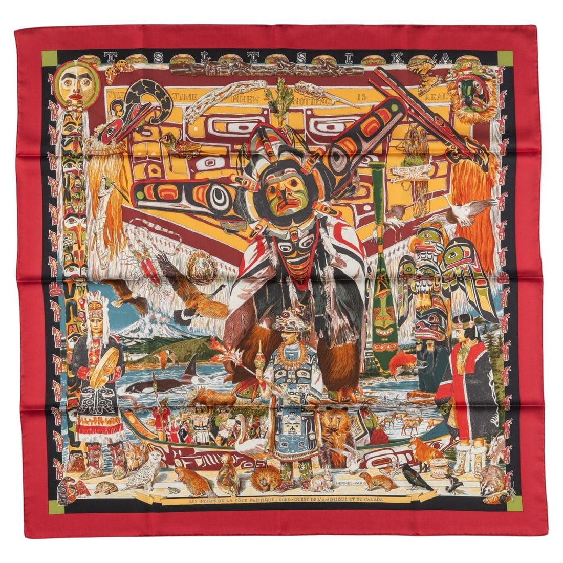 Hermes Kermit Oliver Tsitsika silk scarf 35 in France: Hermes Kermit Oliver Tsitsika silk scarf 35 in France Rare Hermes silk scarf featuring the "Indiens Cote Pacifique" design by Kermit Oliver. This 21st-century piece showcases a design from the artist'