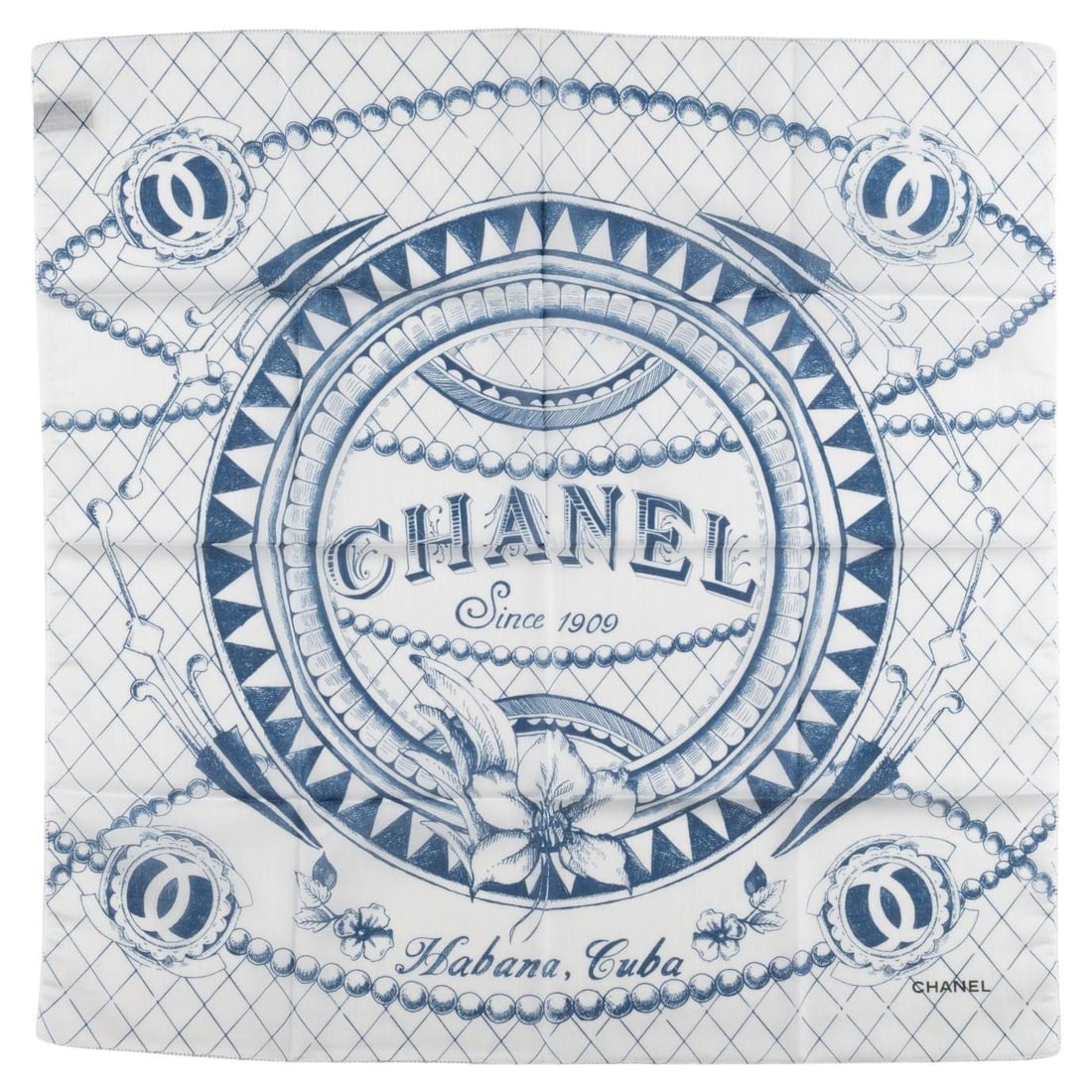 Chanel Havana Cuba Scarf White Blue 23in Italy 21st Century: Chanel Havana Cuba Scarf White Blue 23in Italy 21st Century This exquisite Chanel Havana Cuba Scarf showcases a striking design with bold blue lettering against a crisp white background. Crafted in It