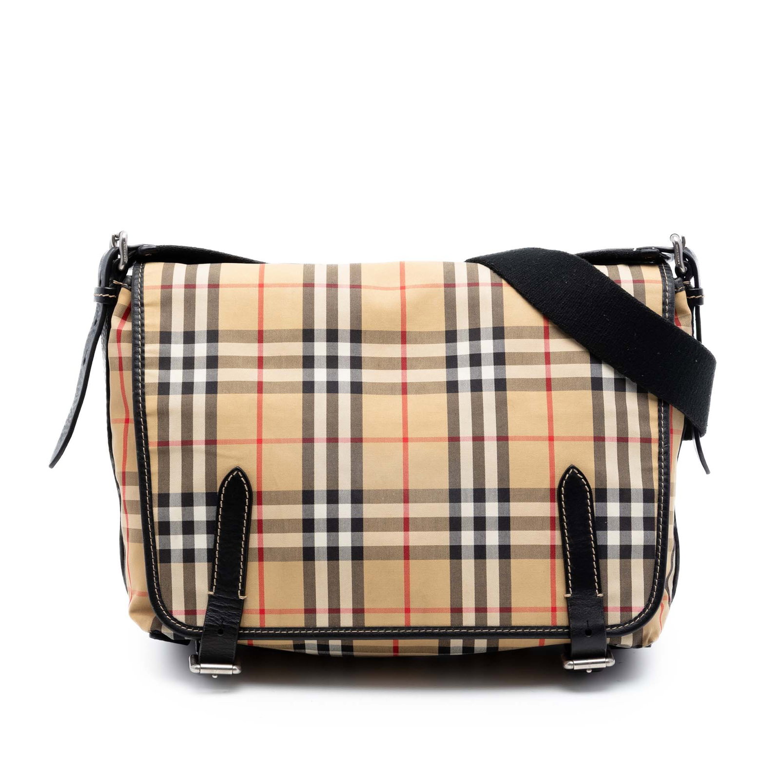 Burberry House Check Crossbody Messenger Bag Canvas Leather Trim: Burberry House Check Crossbody Messenger Bag Canvas Leather Trim Crossbody messenger bag with a canvas body, leather trim, and an adjustable flat strap. It features a front flap with snap closures, an