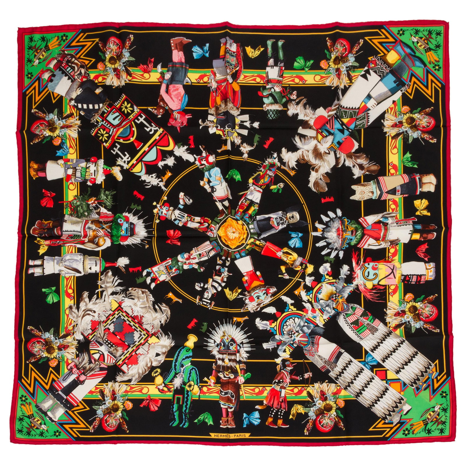 Hermes Black Kachinas Tribal Silk Scarf 35 inch by Oliver France: Hermes Black Kachinas Tribal Silk Scarf 35 inch by Oliver France Elevate your accessory collection with this exquisite Hermes Black Kachinas Tribal Silk Scarf. Crafted from 100% silk twill, this luxur